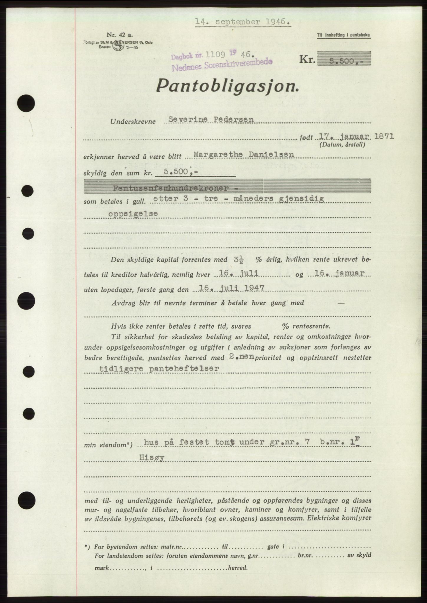 Nedenes sorenskriveri, SAK/1221-0006/G/Gb/Gbb/L0003: Mortgage book no. B3b, 1946-1946, Diary no: : 1109/1946