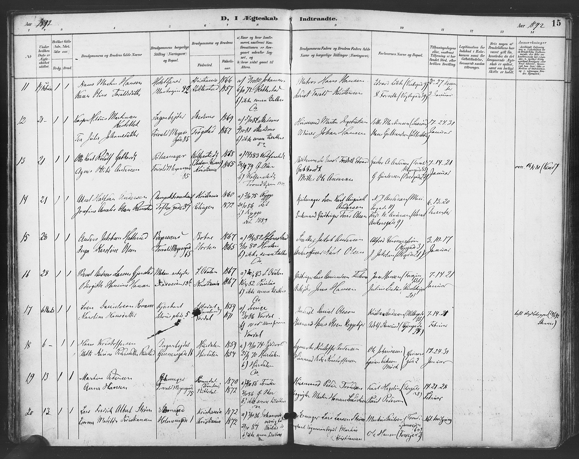 Paulus prestekontor Kirkebøker, AV/SAO-A-10871/F/Fa/L0009: Parish register (official) no. 9, 1891-1901, p. 15