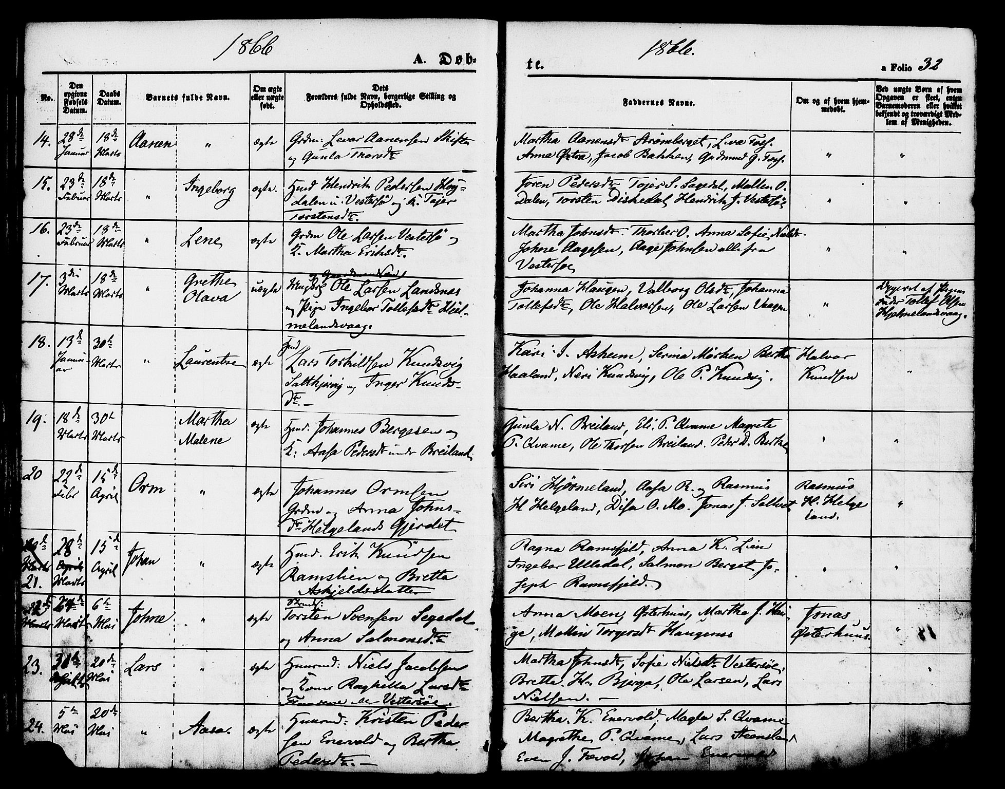 Hjelmeland sokneprestkontor, AV/SAST-A-101843/01/IV/L0011: Parish register (official) no. A 11, 1861-1878, p. 32