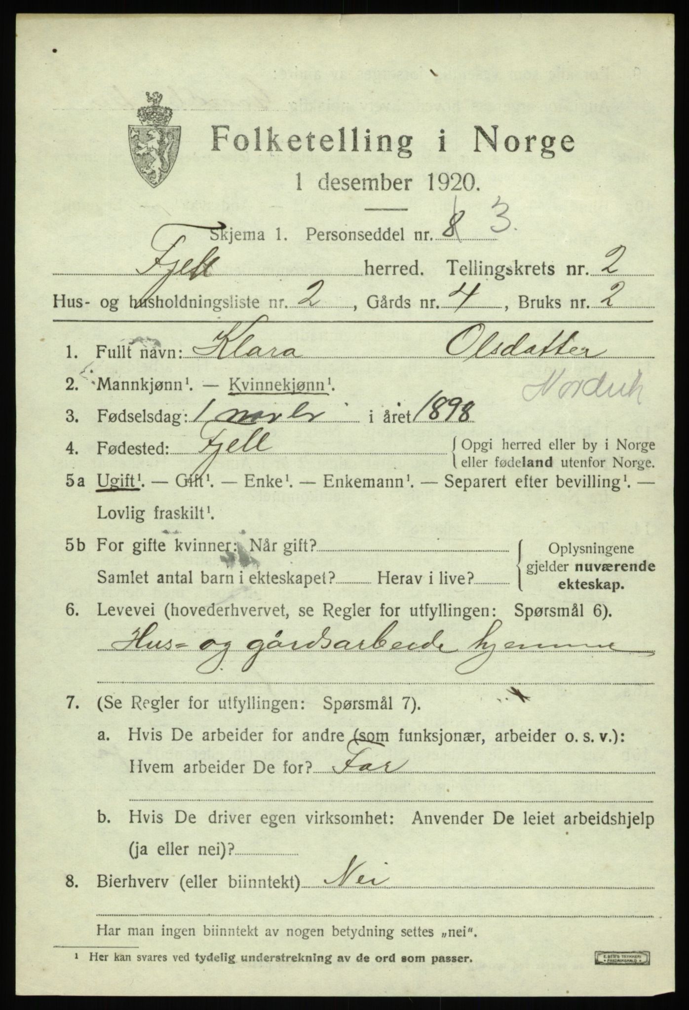 SAB, 1920 census for Fjell, 1920, p. 2266