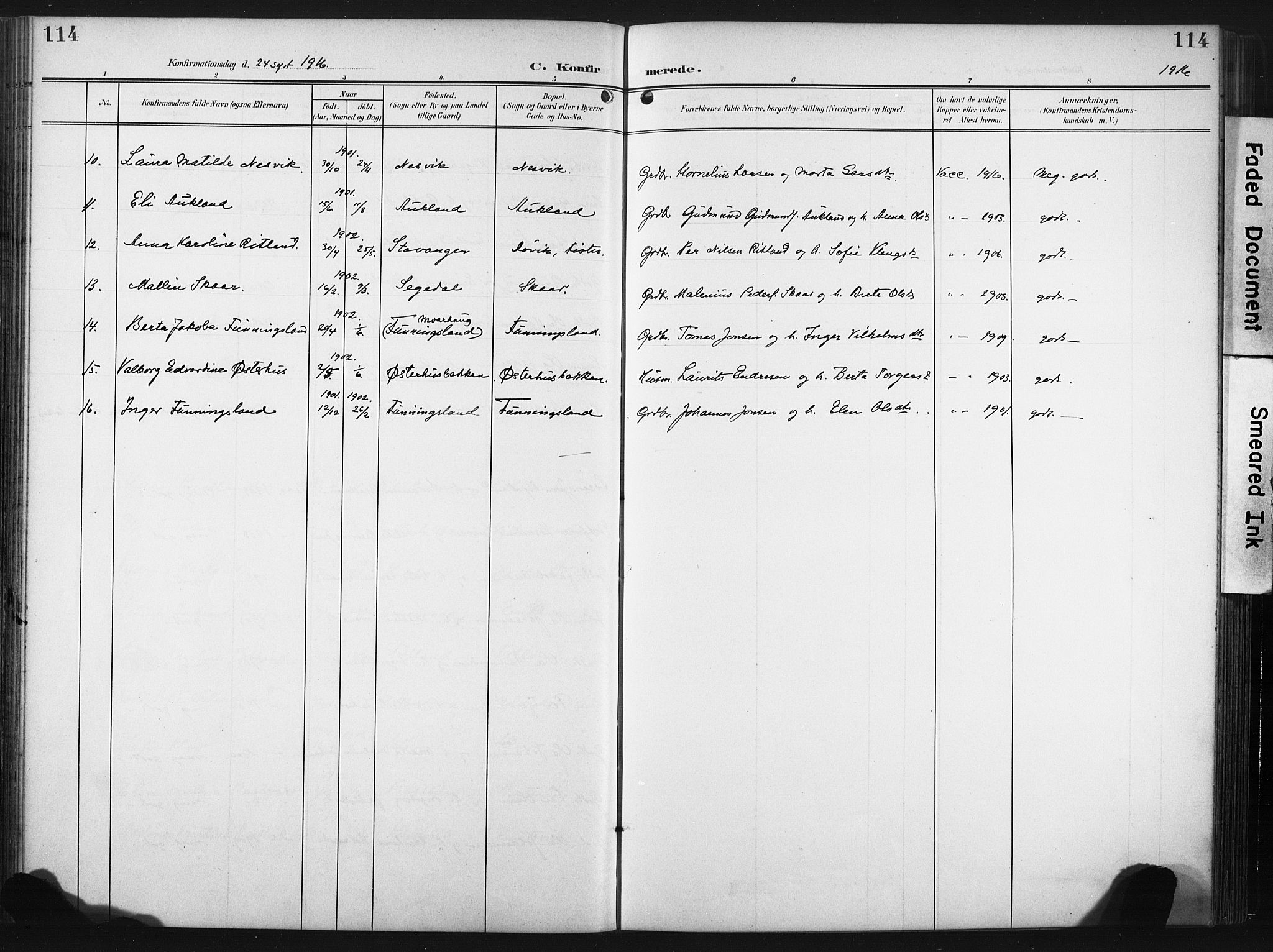 Hjelmeland sokneprestkontor, AV/SAST-A-101843/02/A/L0002: Parish register (official) no. A 17, 1901-1916, p. 114