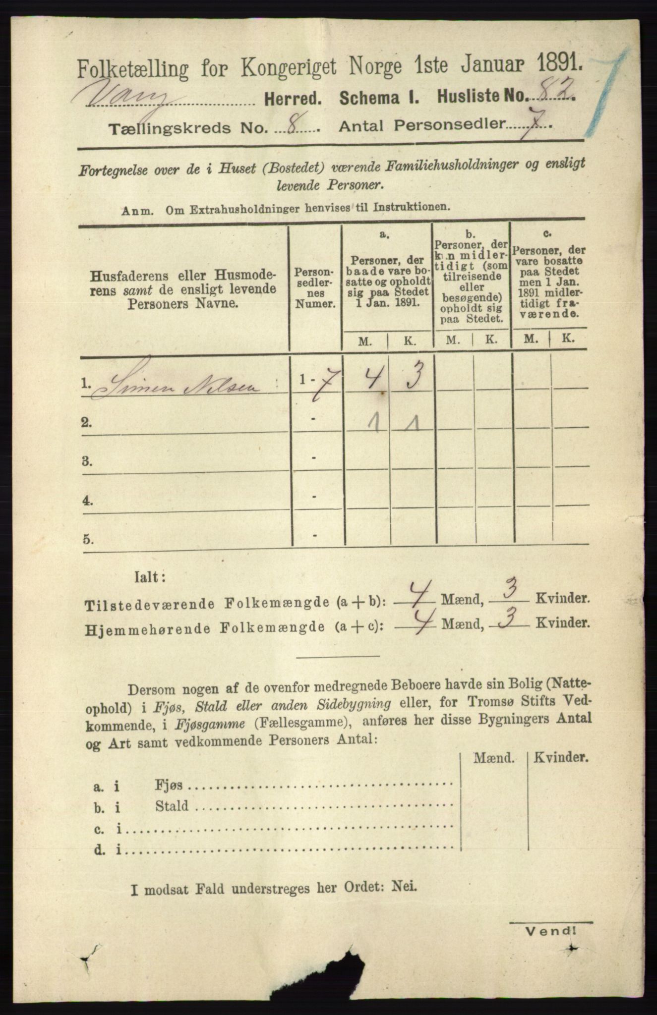 RA, 1891 census for 0414 Vang, 1891, p. 5615