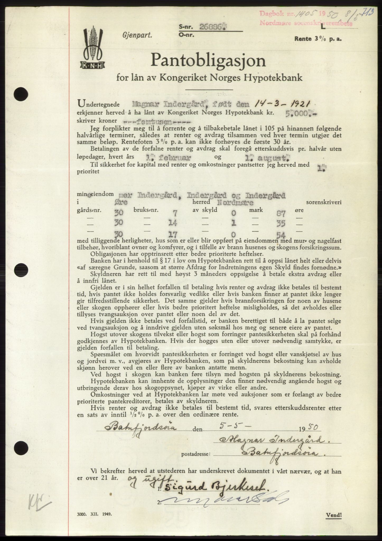 Nordmøre sorenskriveri, AV/SAT-A-4132/1/2/2Ca: Mortgage book no. B104, 1950-1950, Diary no: : 1405/1950