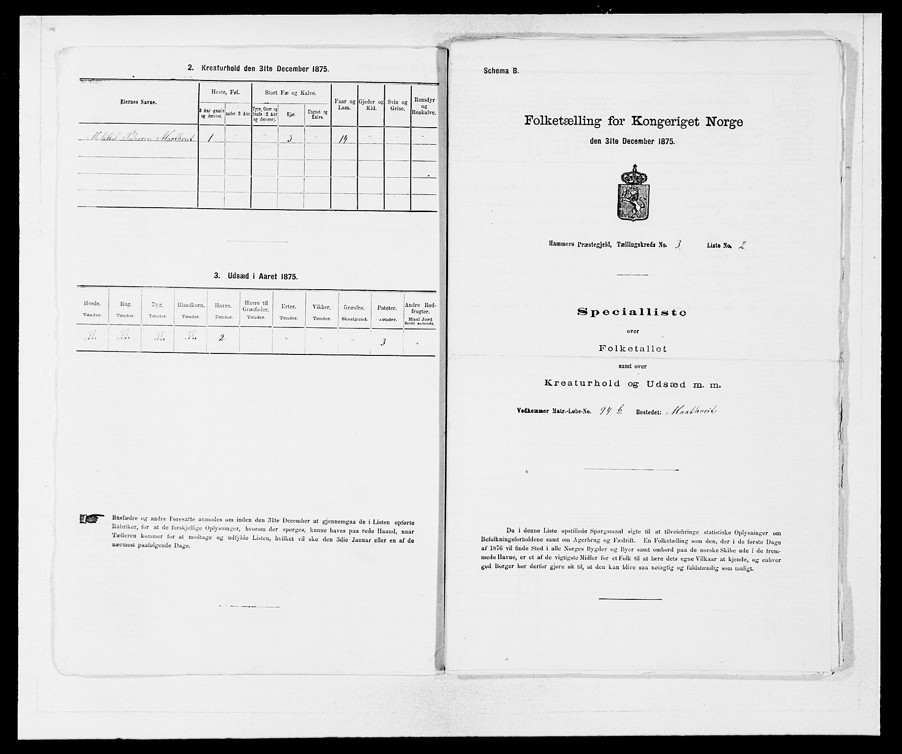 SAB, 1875 census for 1254P Hamre, 1875, p. 309