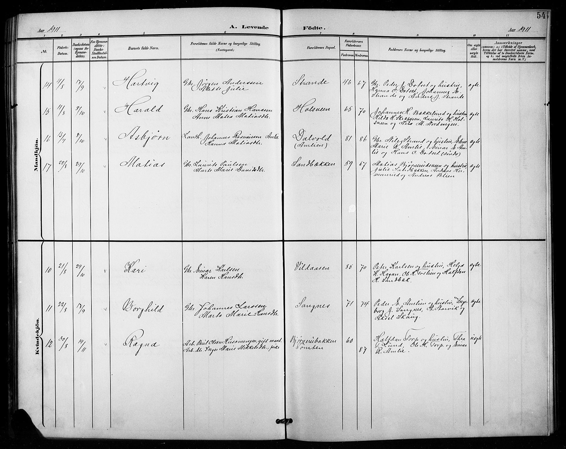 Vestre Toten prestekontor, SAH/PREST-108/H/Ha/Hab/L0016: Parish register (copy) no. 16, 1901-1915, p. 54