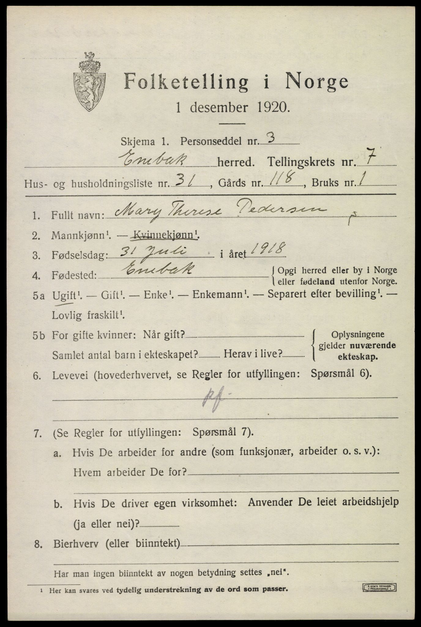 SAO, 1920 census for Enebakk, 1920, p. 6459