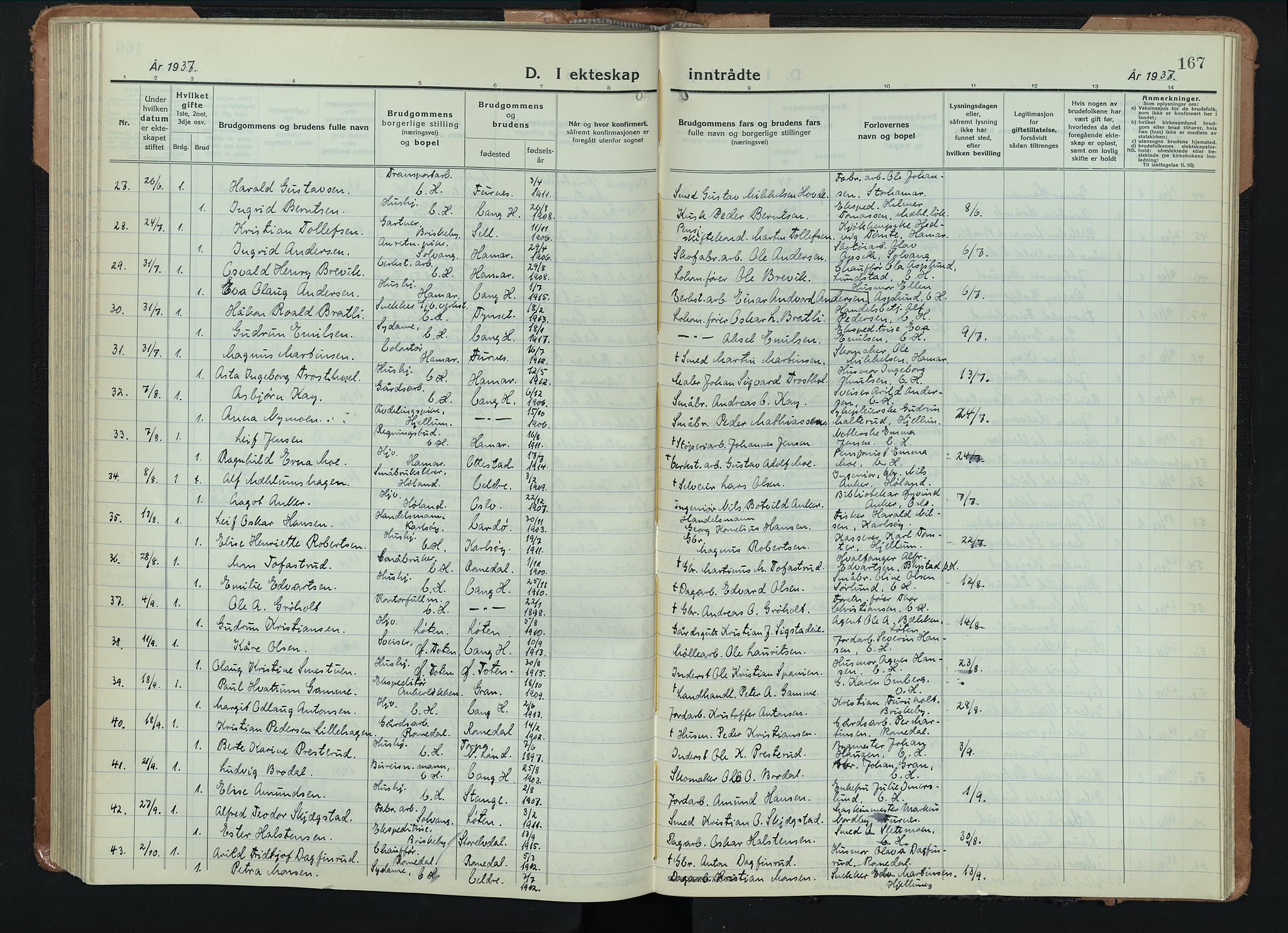 Vang prestekontor, Hedmark, AV/SAH-PREST-008/H/Ha/Hab/L0016: Parish register (copy) no. 16, 1933-1945, p. 167