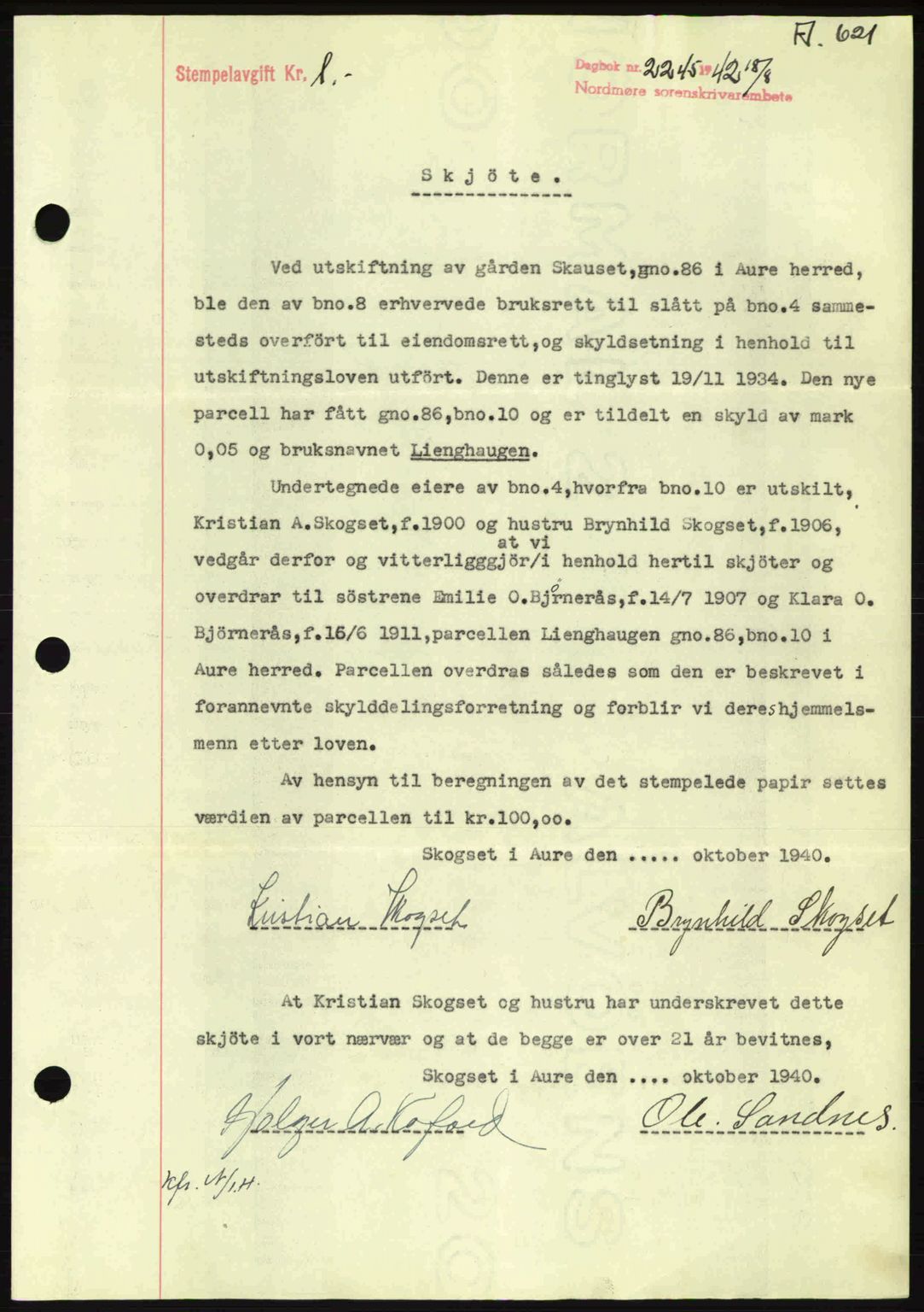 Nordmøre sorenskriveri, AV/SAT-A-4132/1/2/2Ca: Mortgage book no. A93, 1942-1942, Diary no: : 2245/1942