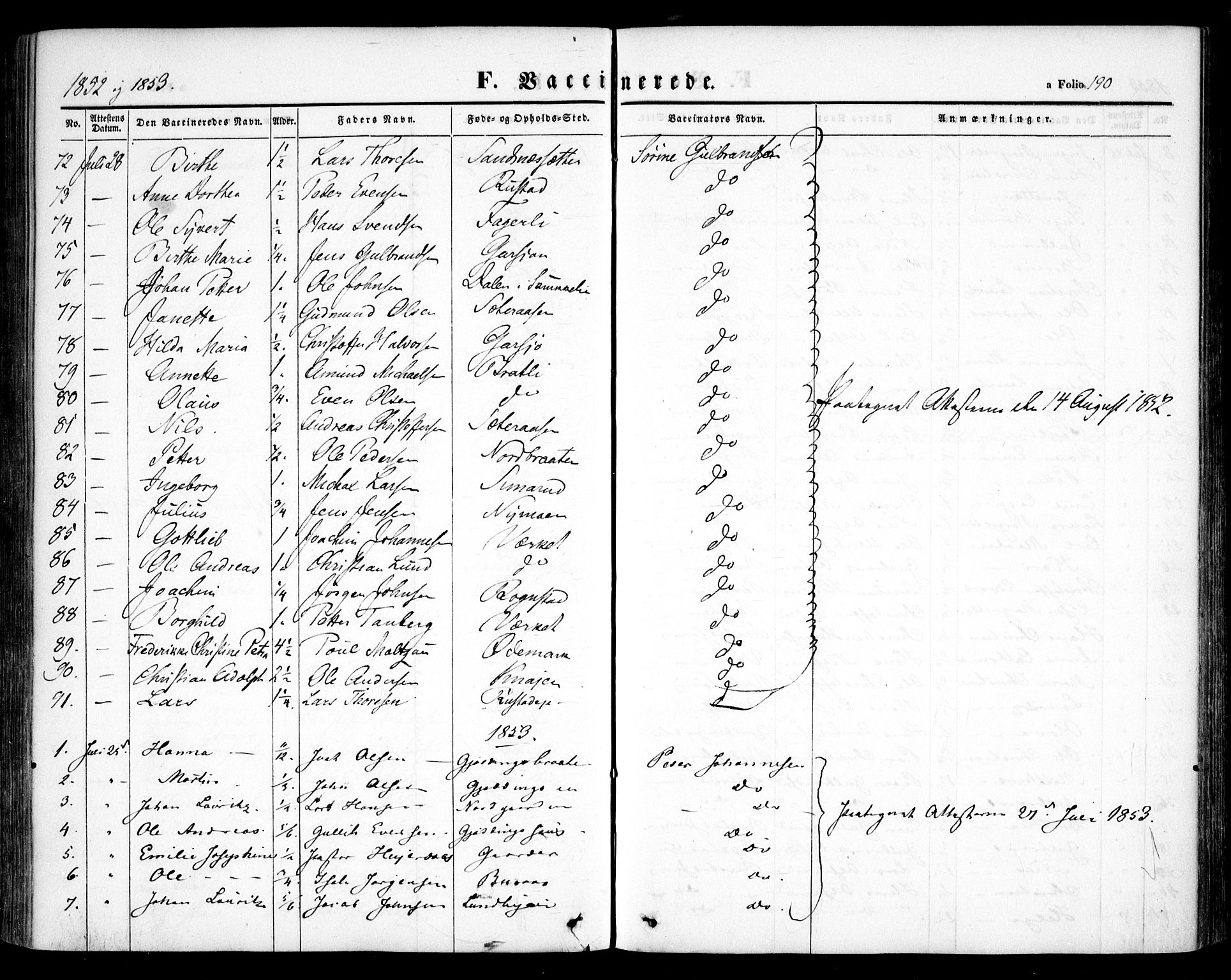 Hurdal prestekontor Kirkebøker, SAO/A-10889/F/Fa/L0005: Parish register (official) no. I 5, 1846-1859, p. 190