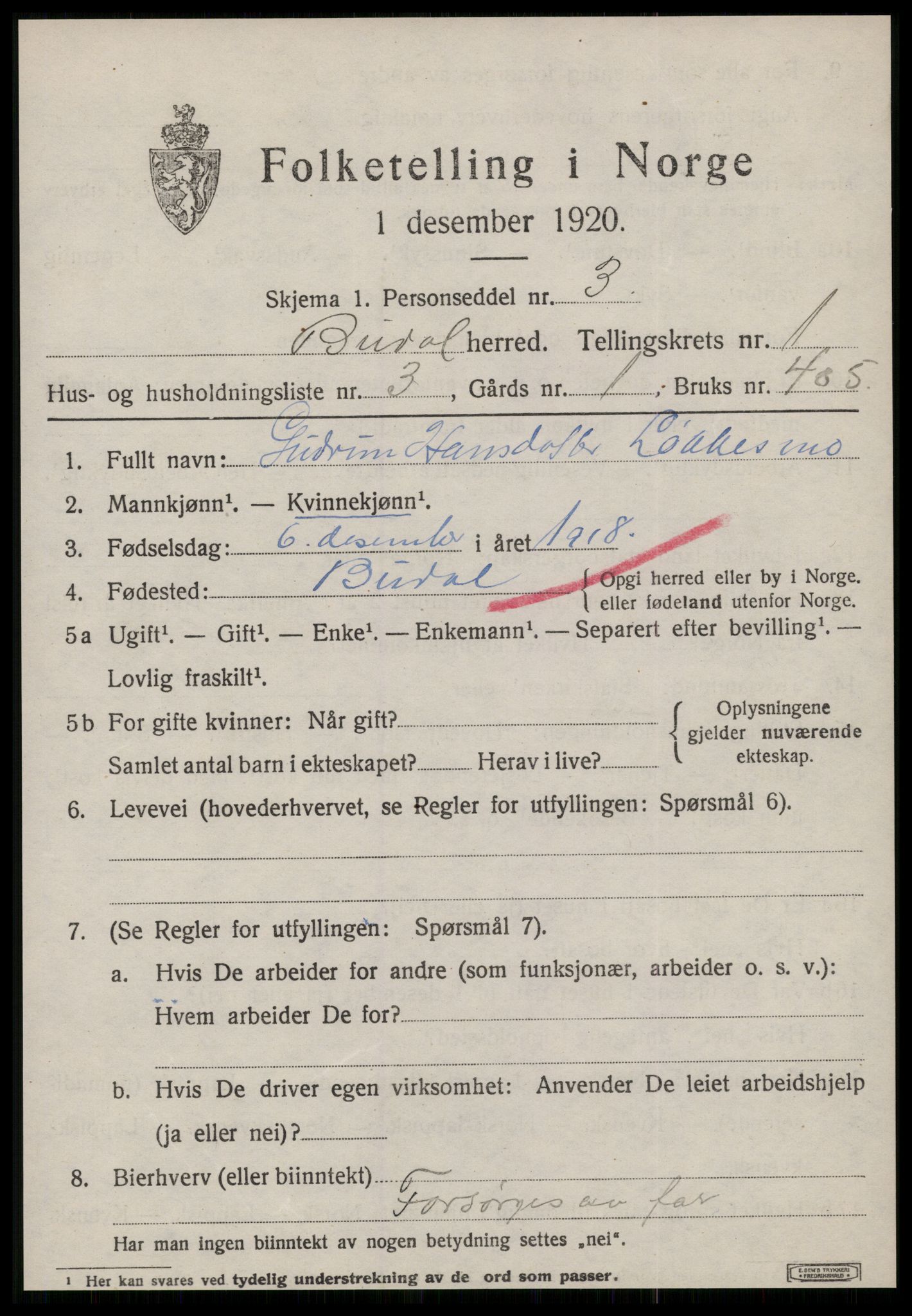 SAT, 1920 census for Budal, 1920, p. 236