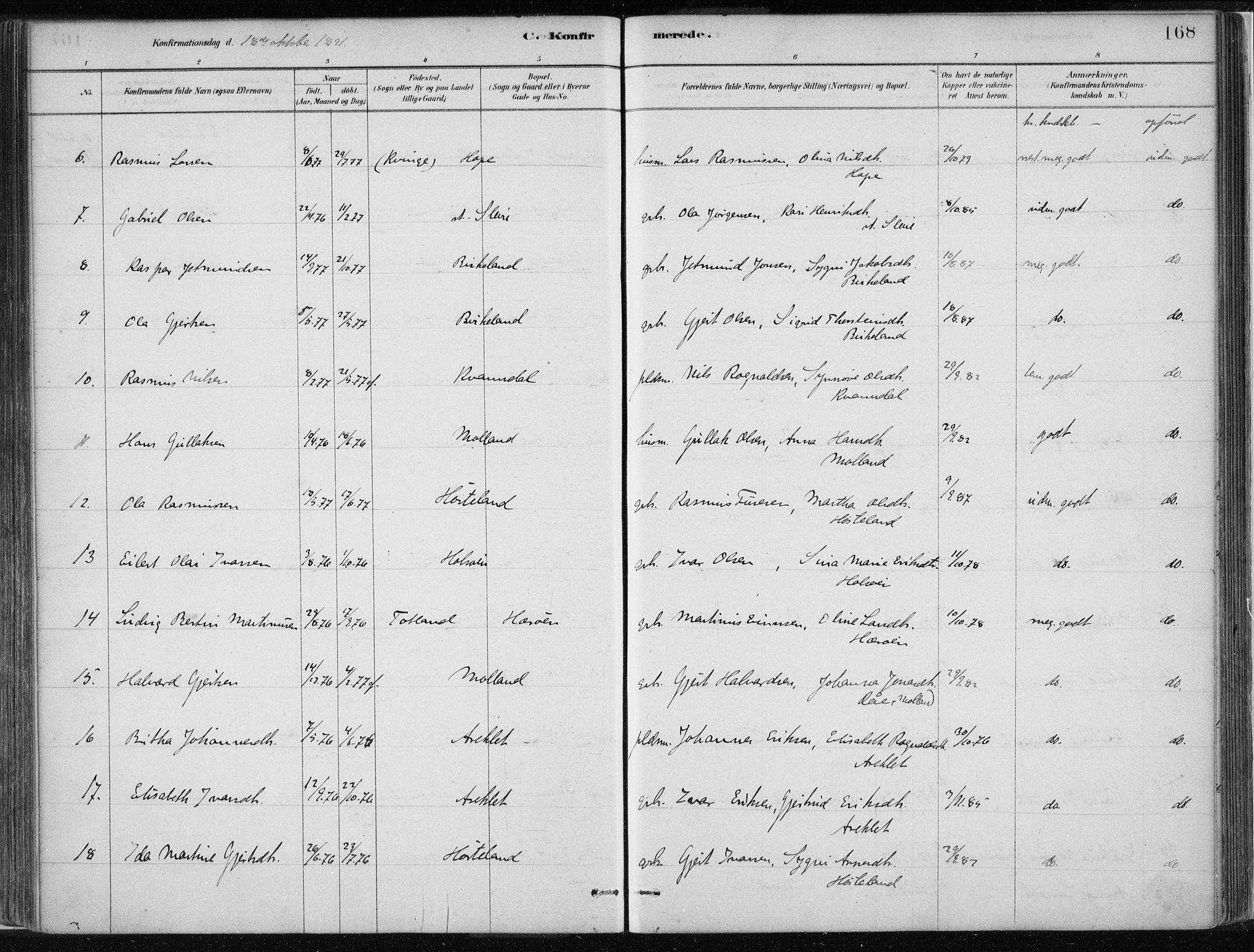 Masfjorden Sokneprestembete, SAB/A-77001: Parish register (official) no. B  1, 1876-1899, p. 168