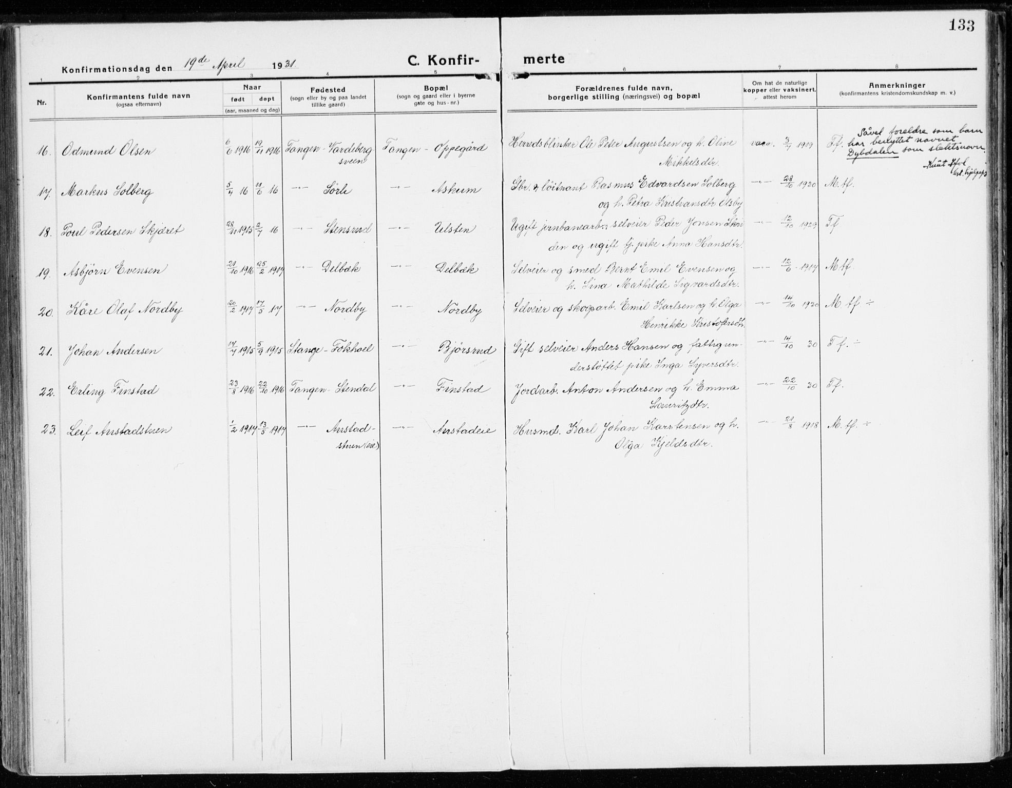 Stange prestekontor, SAH/PREST-002/K/L0025: Parish register (official) no. 25, 1921-1945, p. 133