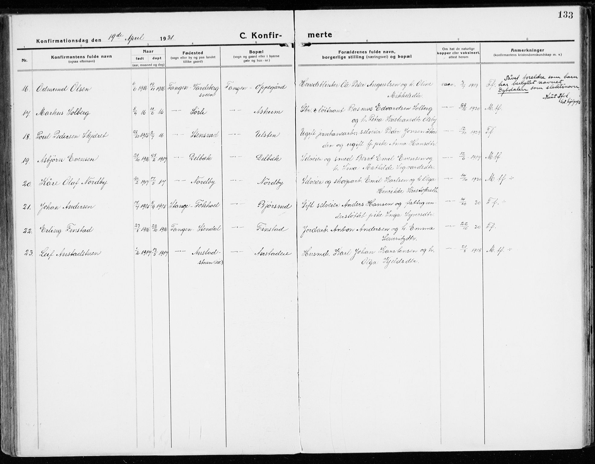 Stange prestekontor, AV/SAH-PREST-002/K/L0025: Parish register (official) no. 25, 1921-1945, p. 133