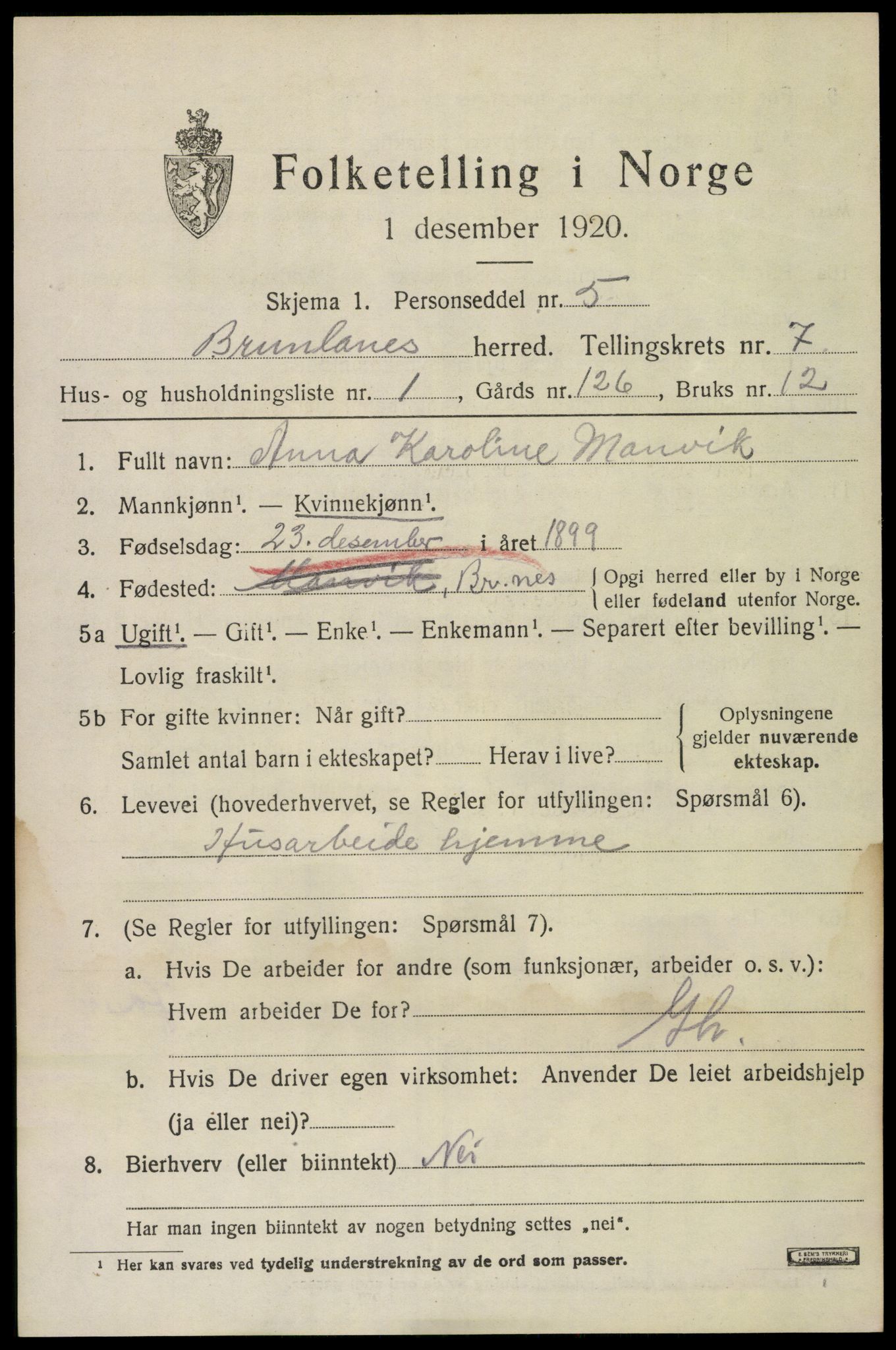 SAKO, 1920 census for Brunlanes, 1920, p. 7063