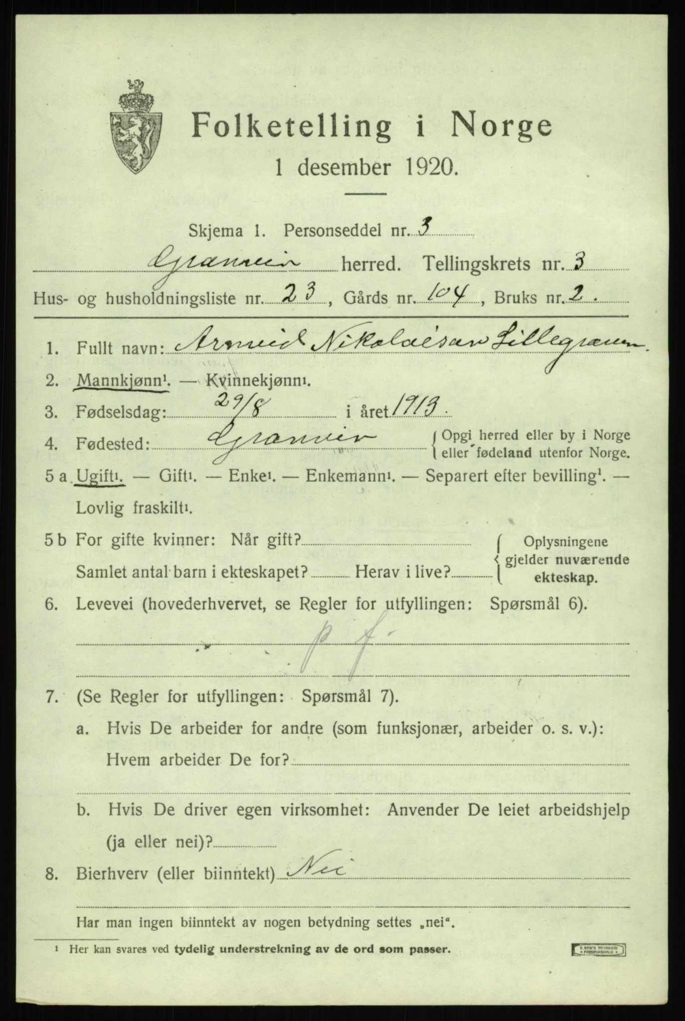 SAB, 1920 census for Granvin, 1920, p. 1388
