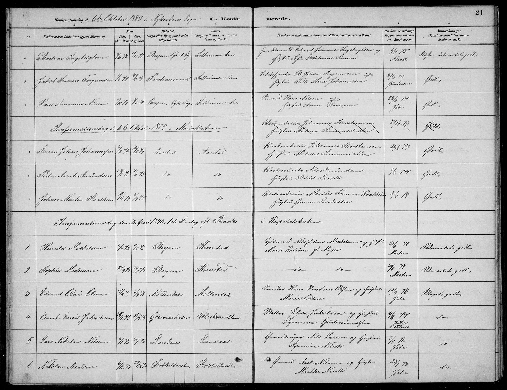 Årstad Sokneprestembete, SAB/A-79301/H/Hab/L0011: Parish register (copy) no. B 1, 1886-1901, p. 21