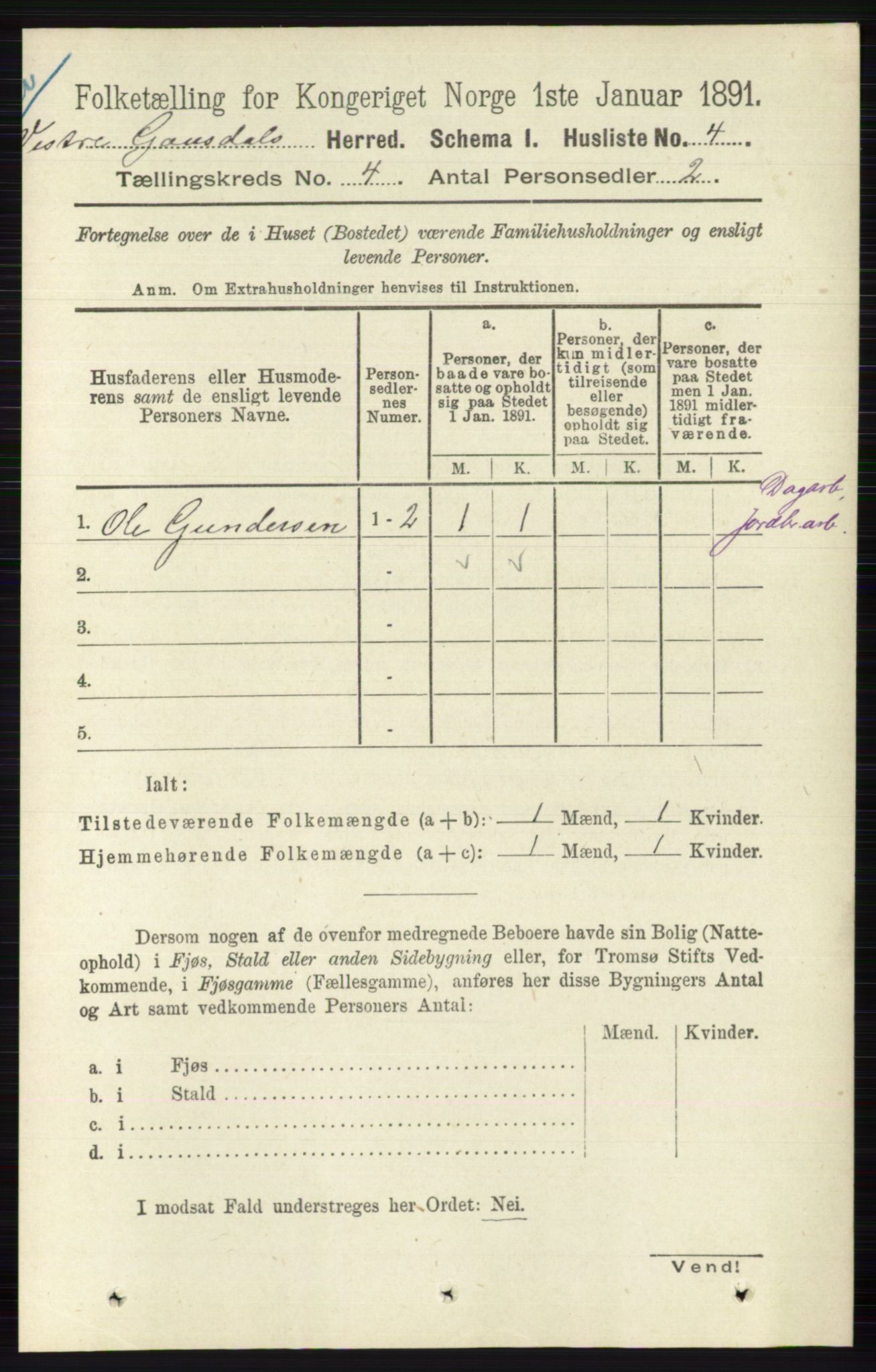 RA, 1891 census for 0523 Vestre Gausdal, 1891, p. 1643