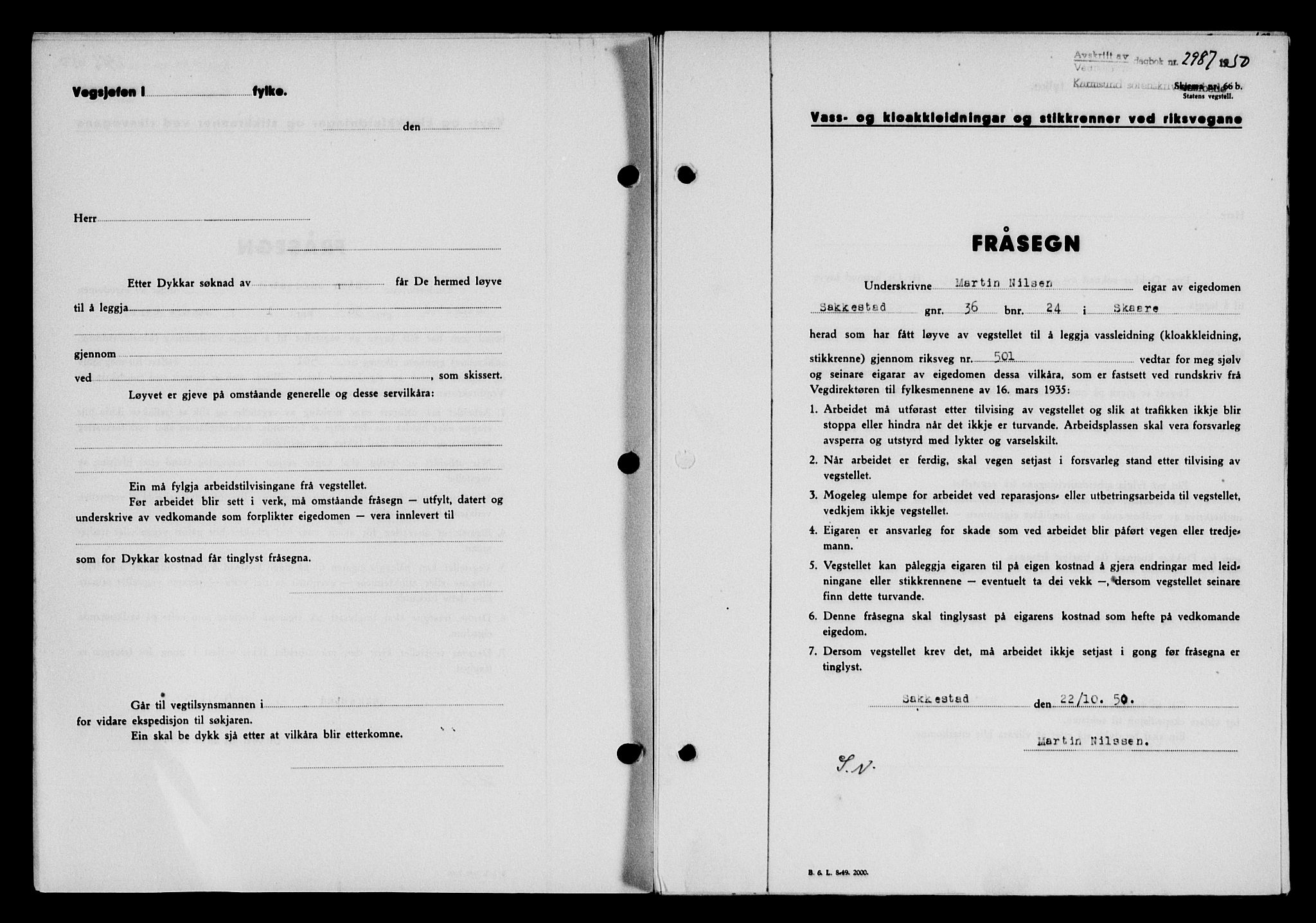 Karmsund sorenskriveri, SAST/A-100311/01/II/IIB/L0101: Mortgage book no. 81A, 1950-1951, Diary no: : 2987/1950