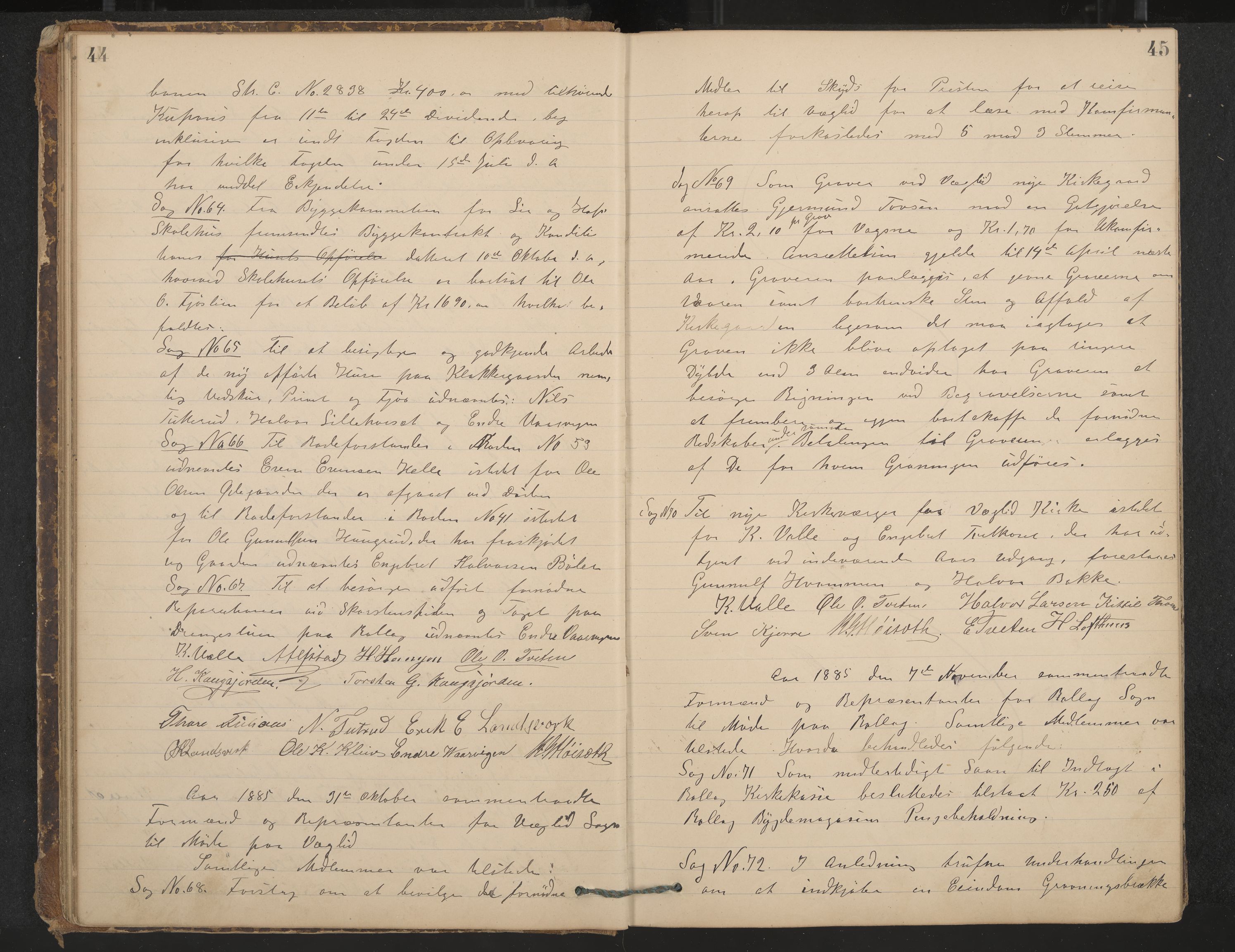 Rollag formannskap og sentraladministrasjon, IKAK/0632021-2/A/Aa/L0003: Møtebok, 1884-1897, p. 44-45