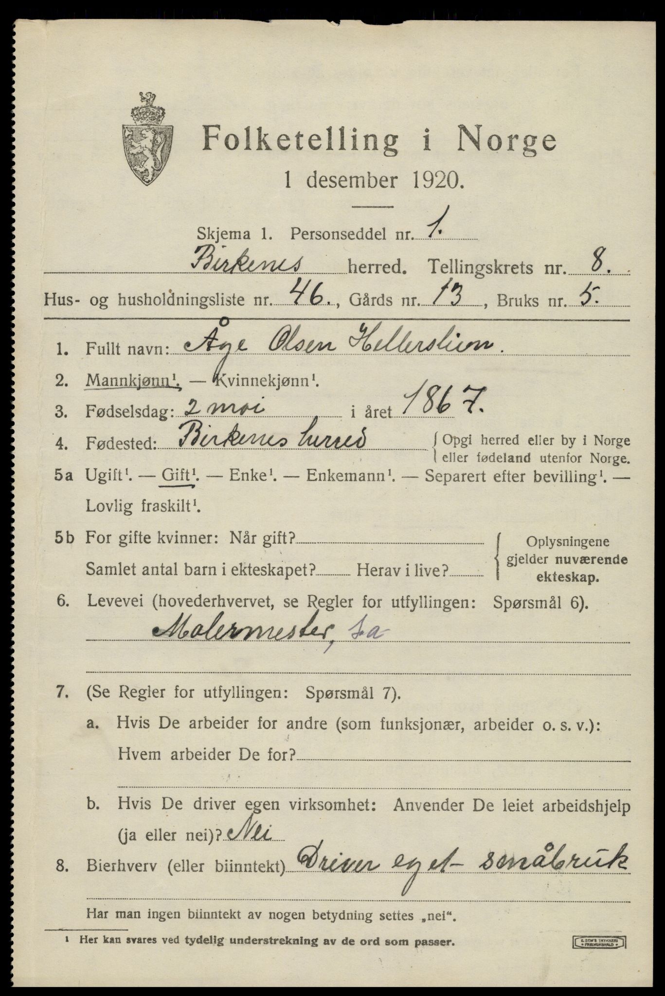 SAK, 1920 census for Birkenes, 1920, p. 4559