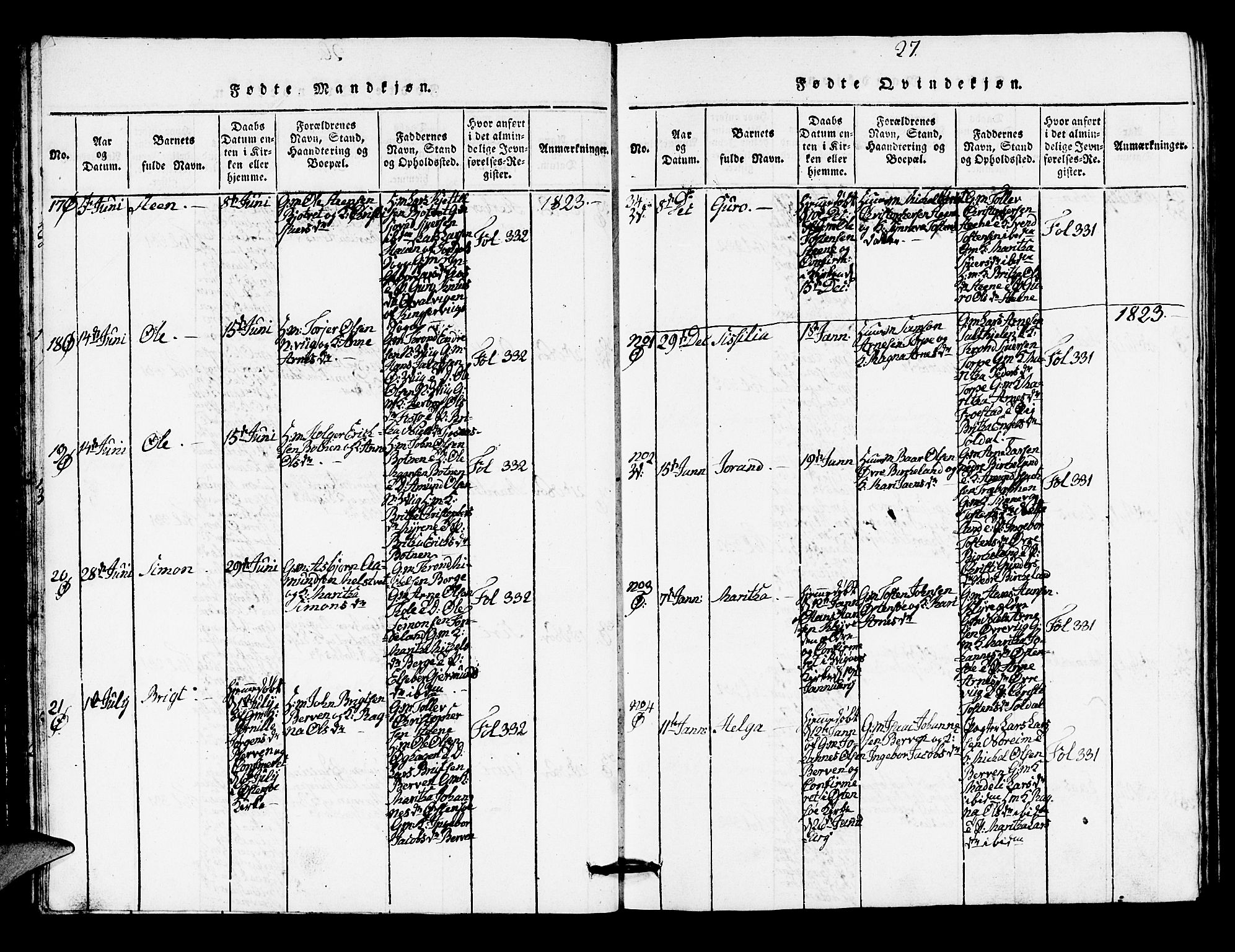 Kvam sokneprestembete, AV/SAB-A-76201/H/Hab: Parish register (copy) no. A 1, 1818-1832, p. 27