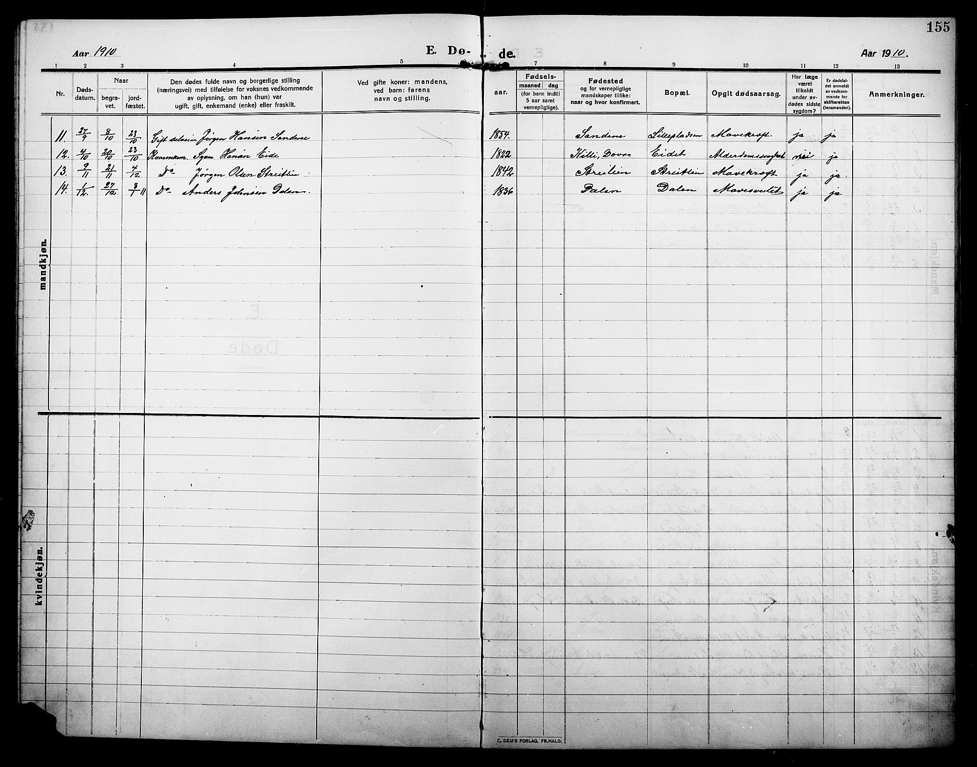 Alvdal prestekontor, SAH/PREST-060/H/Ha/Hab/L0006: Parish register (copy) no. 6, 1910-1924, p. 155