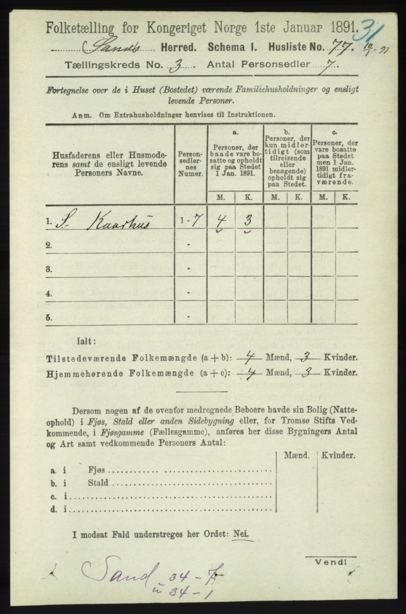 RA, 1891 census for 1136 Sand, 1891, p. 654