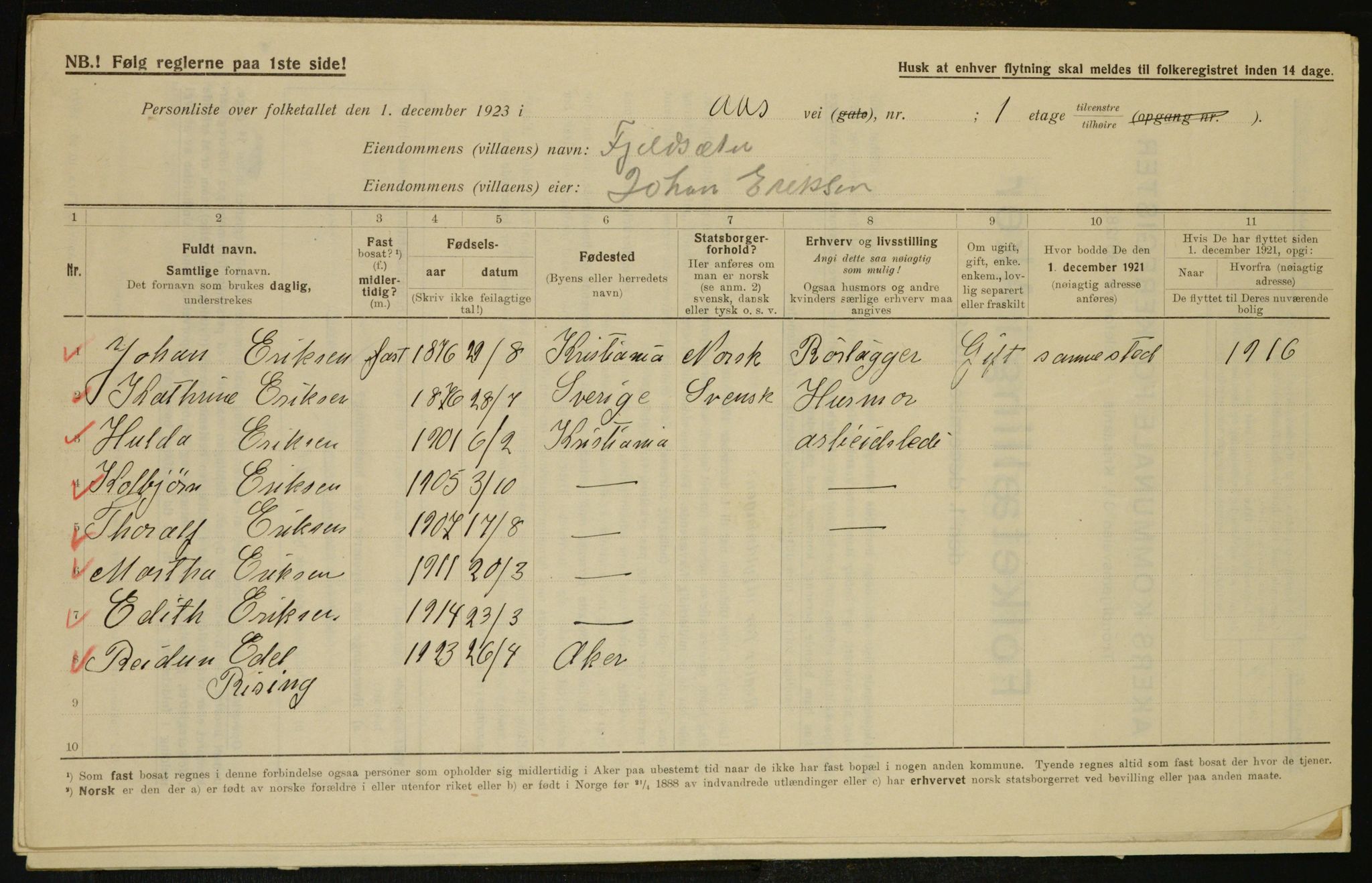 , Municipal Census 1923 for Aker, 1923, p. 7413