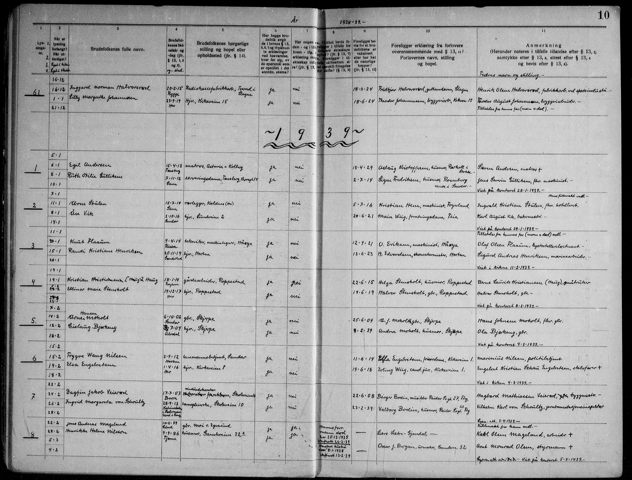 Nøtterøy kirkebøker, AV/SAKO-A-354/H/Ha/L0002: Banns register no. 2, 1937-1952, p. 10