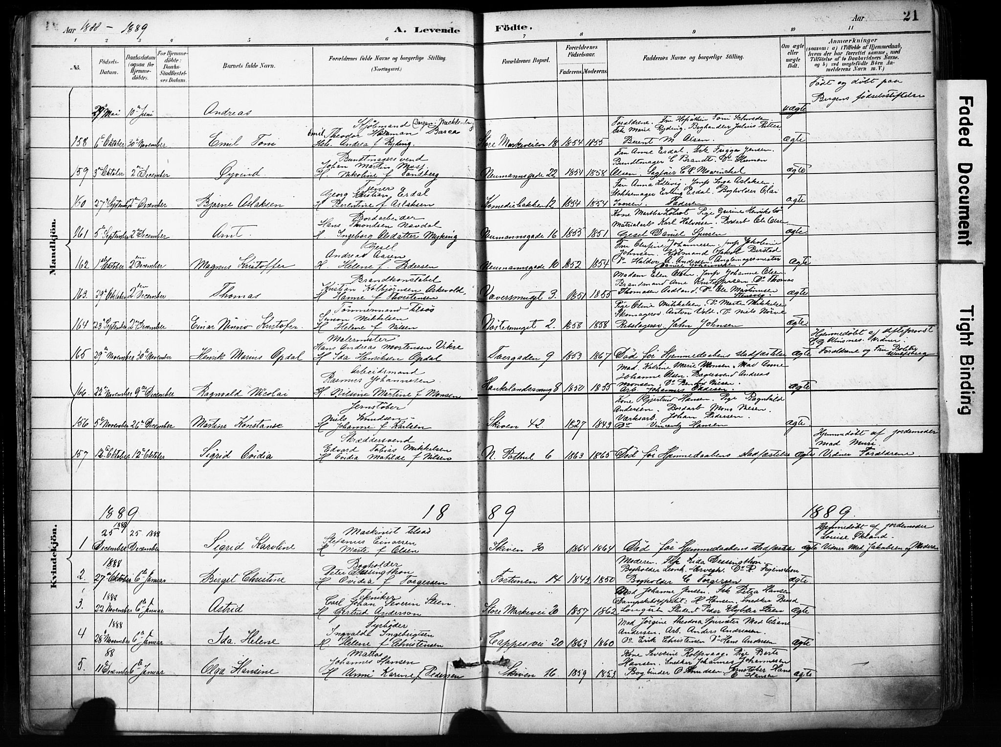 Domkirken sokneprestembete, SAB/A-74801/H/Haa/L0024: Parish register (official) no. B 7, 1888-1903, p. 21