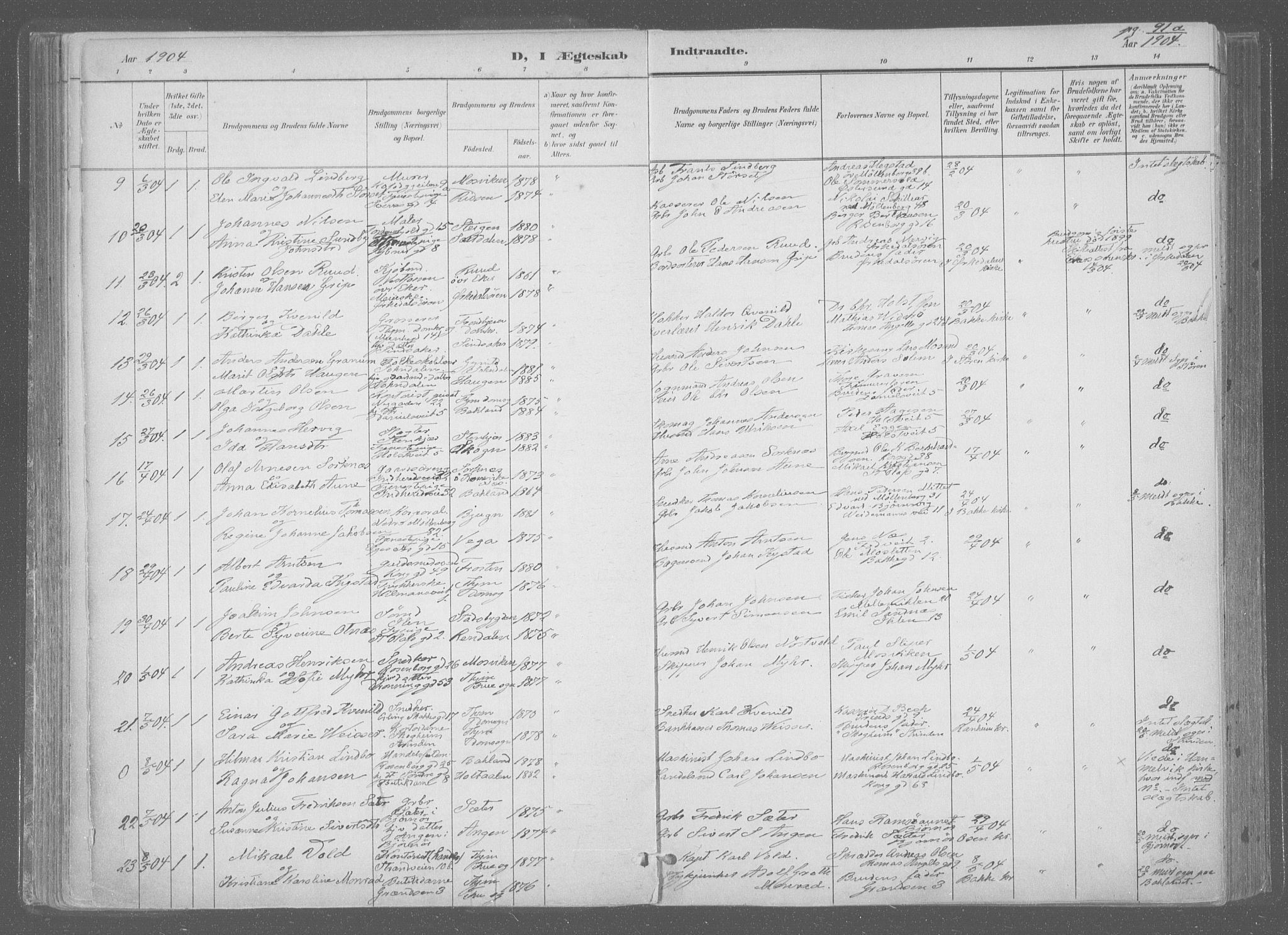 Ministerialprotokoller, klokkerbøker og fødselsregistre - Sør-Trøndelag, AV/SAT-A-1456/601/L0064: Parish register (official) no. 601A31, 1891-1911, p. 91a