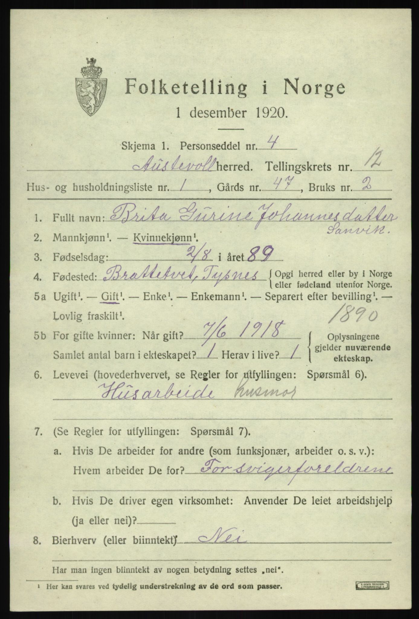 SAB, 1920 census for Austevoll, 1920, p. 6542