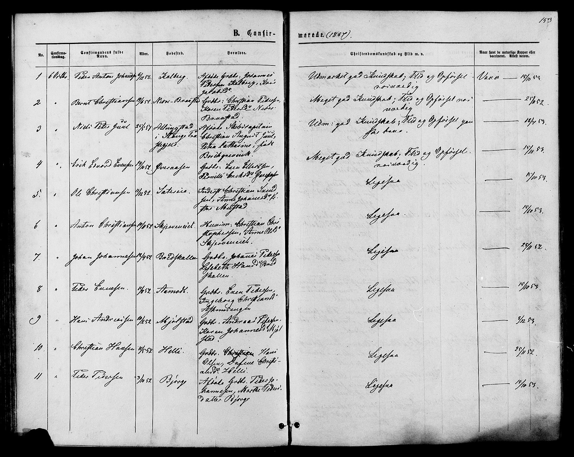 Vardal prestekontor, SAH/PREST-100/H/Ha/Haa/L0007: Parish register (official) no. 7, 1867-1878, p. 153