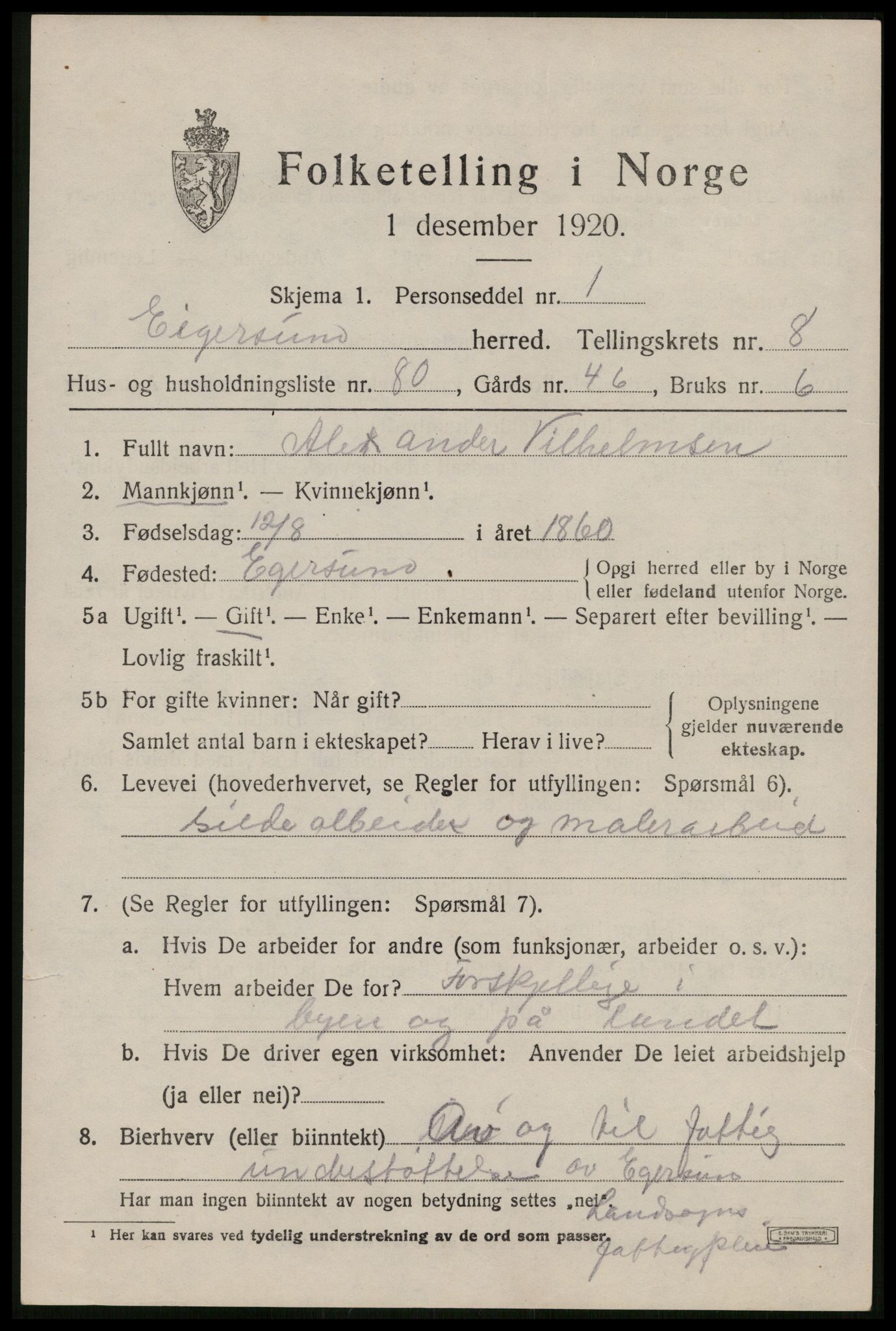 SAST, 1920 census for Eigersund, 1920, p. 5809