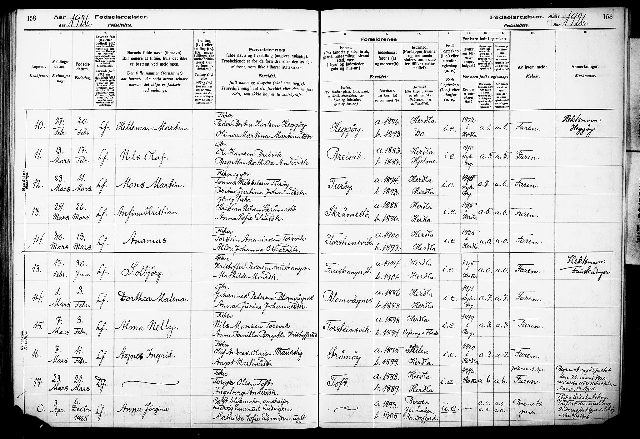 Herdla Sokneprestembete, AV/SAB-A-75701/I/Id/L00A1: Birth register no. A 1, 1916-1929, p. 158