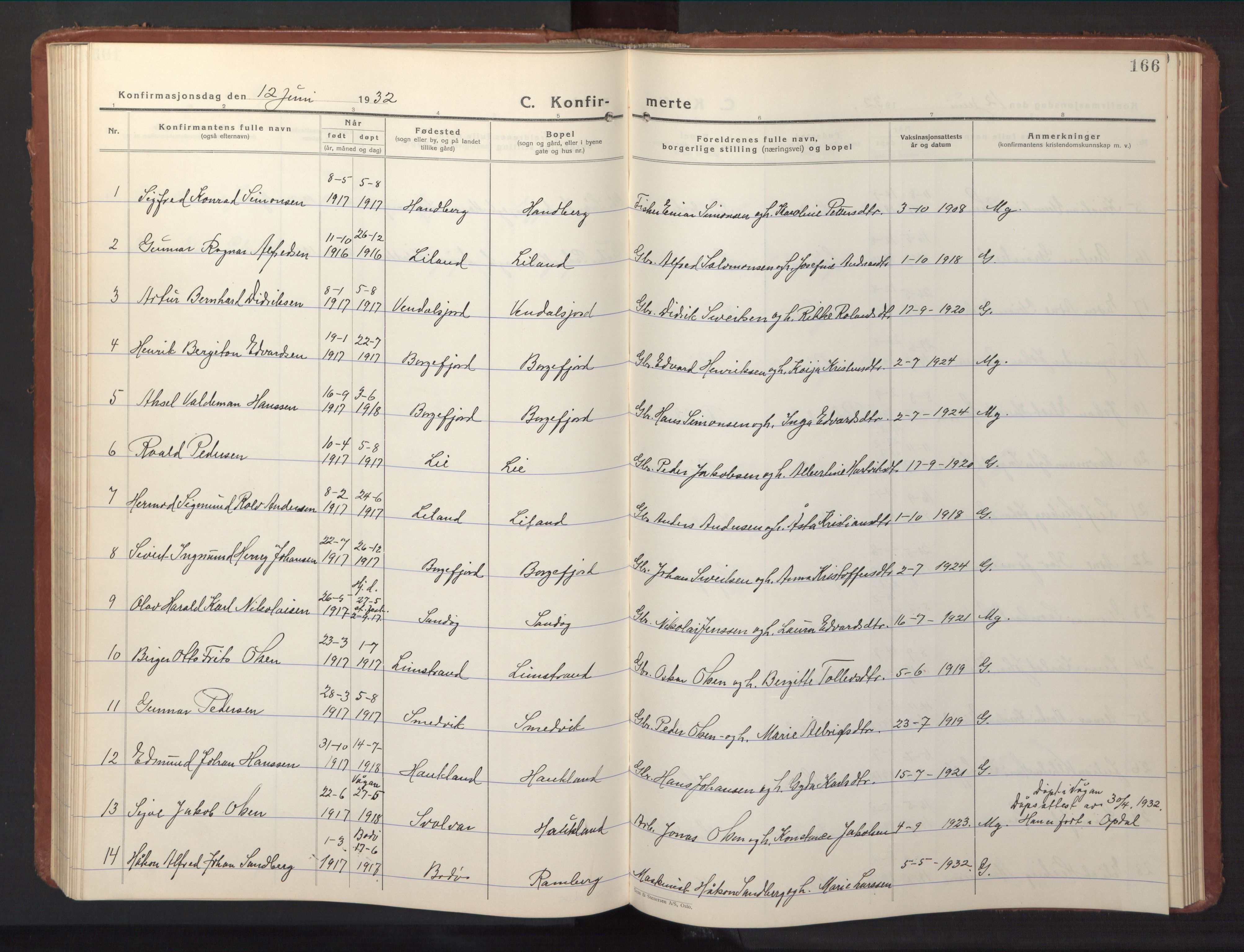 Ministerialprotokoller, klokkerbøker og fødselsregistre - Nordland, AV/SAT-A-1459/880/L1143: Parish register (copy) no. 880C05, 1929-1951, p. 166