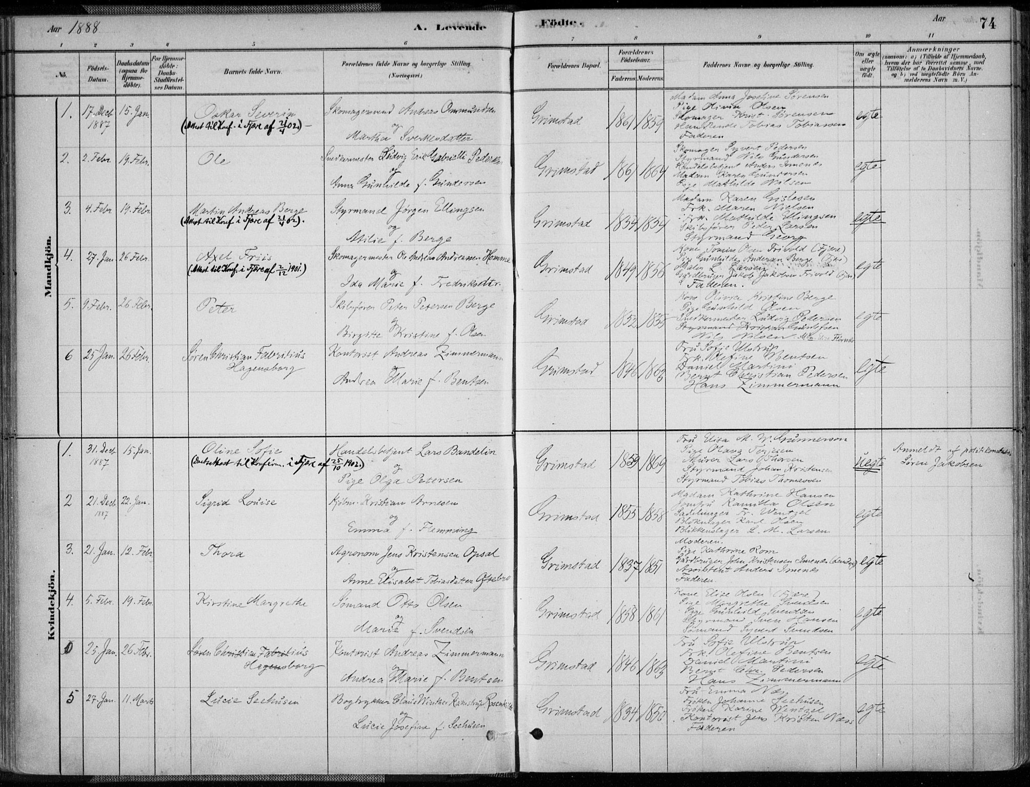 Grimstad sokneprestkontor, SAK/1111-0017/F/Fa/L0003: Parish register (official) no. A 2, 1882-1912, p. 74