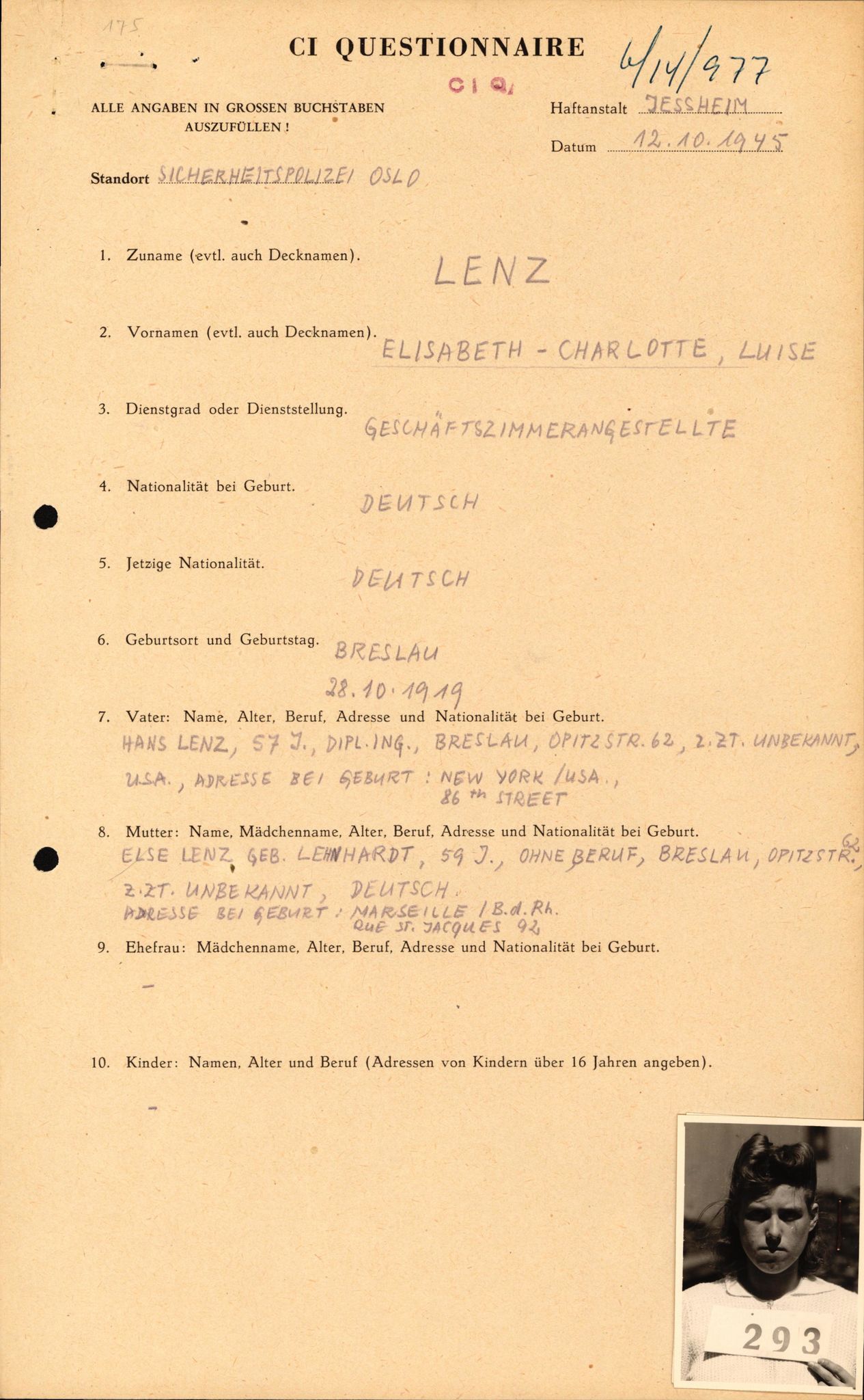 Forsvaret, Forsvarets overkommando II, AV/RA-RAFA-3915/D/Db/L0020: CI Questionaires. Tyske okkupasjonsstyrker i Norge. Tyskere., 1945-1946, p. 99