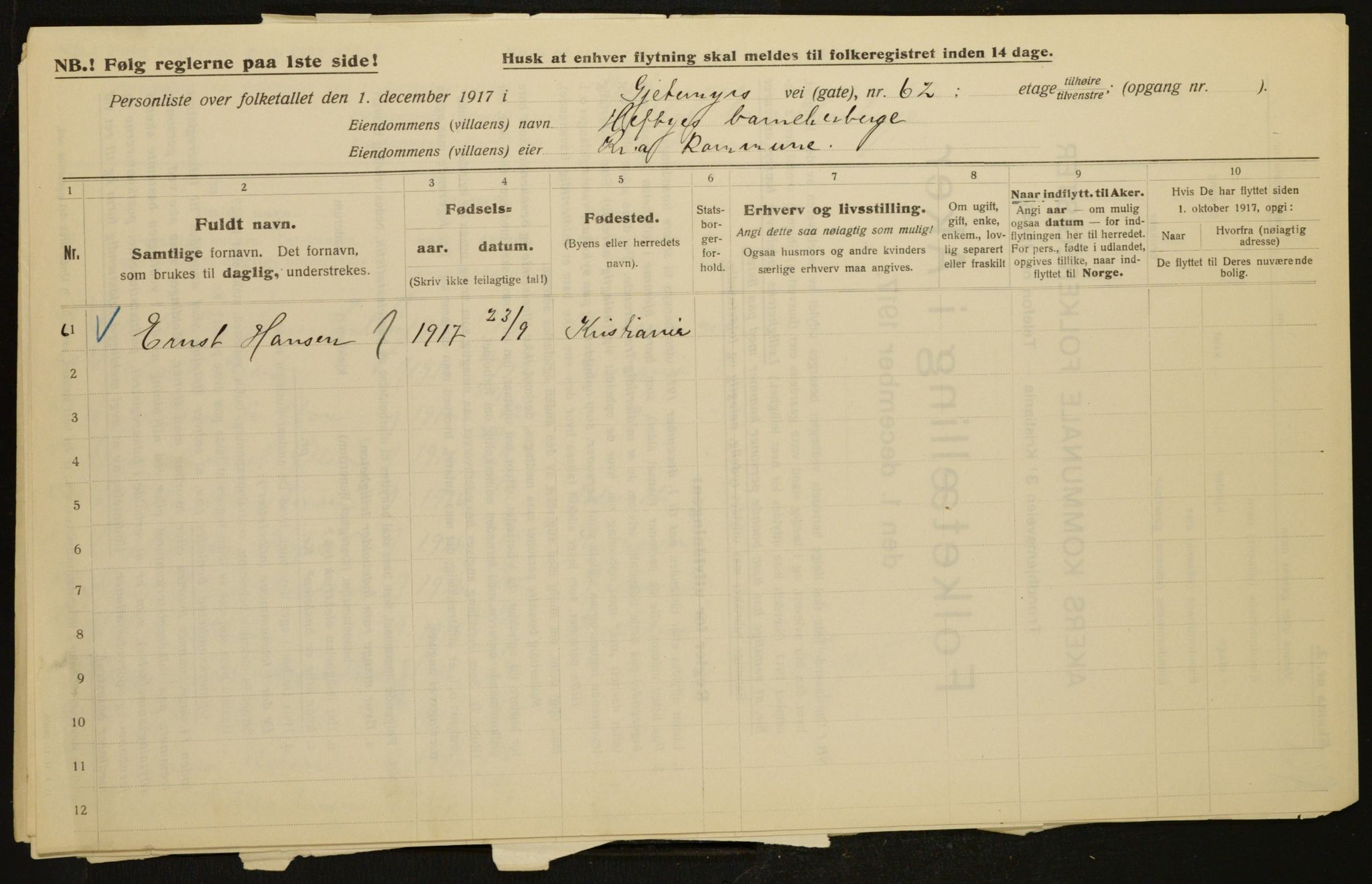 OBA, Municipal Census 1917 for Aker, 1917, p. 11024