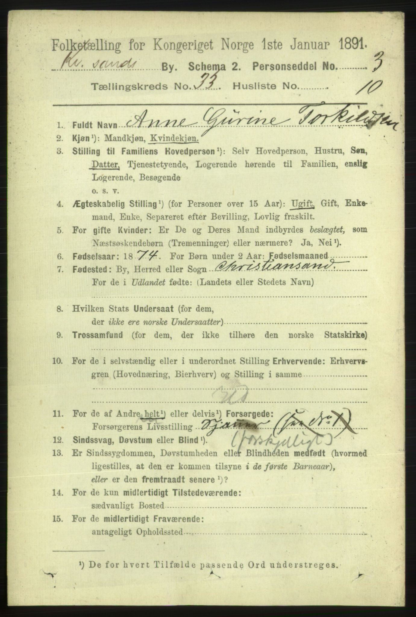 RA, 1891 census for 1001 Kristiansand, 1891, p. 10808