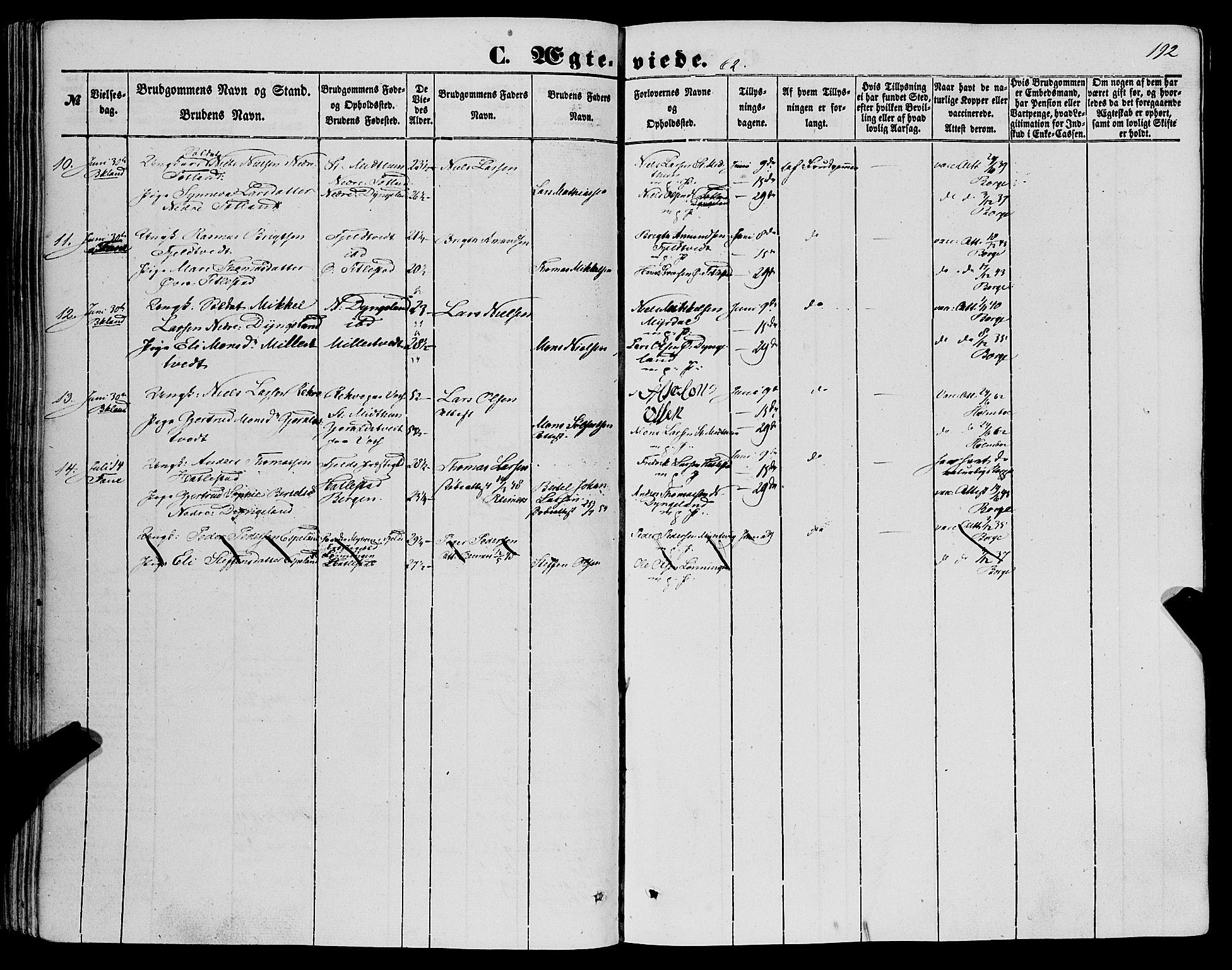 Fana Sokneprestembete, AV/SAB-A-75101/H/Haa/Haaa/L0011: Parish register (official) no. A 11, 1851-1862, p. 192