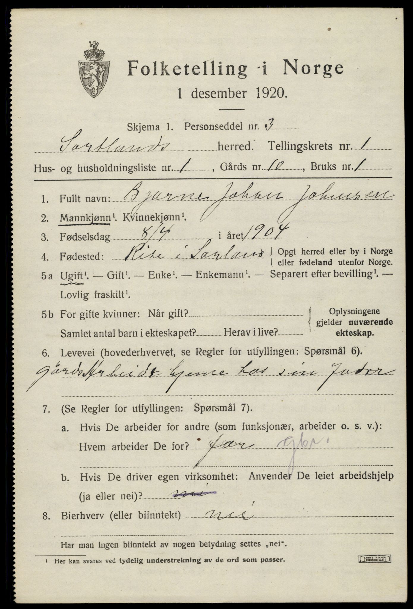 SAT, 1920 census for Sortland, 1920, p. 1560