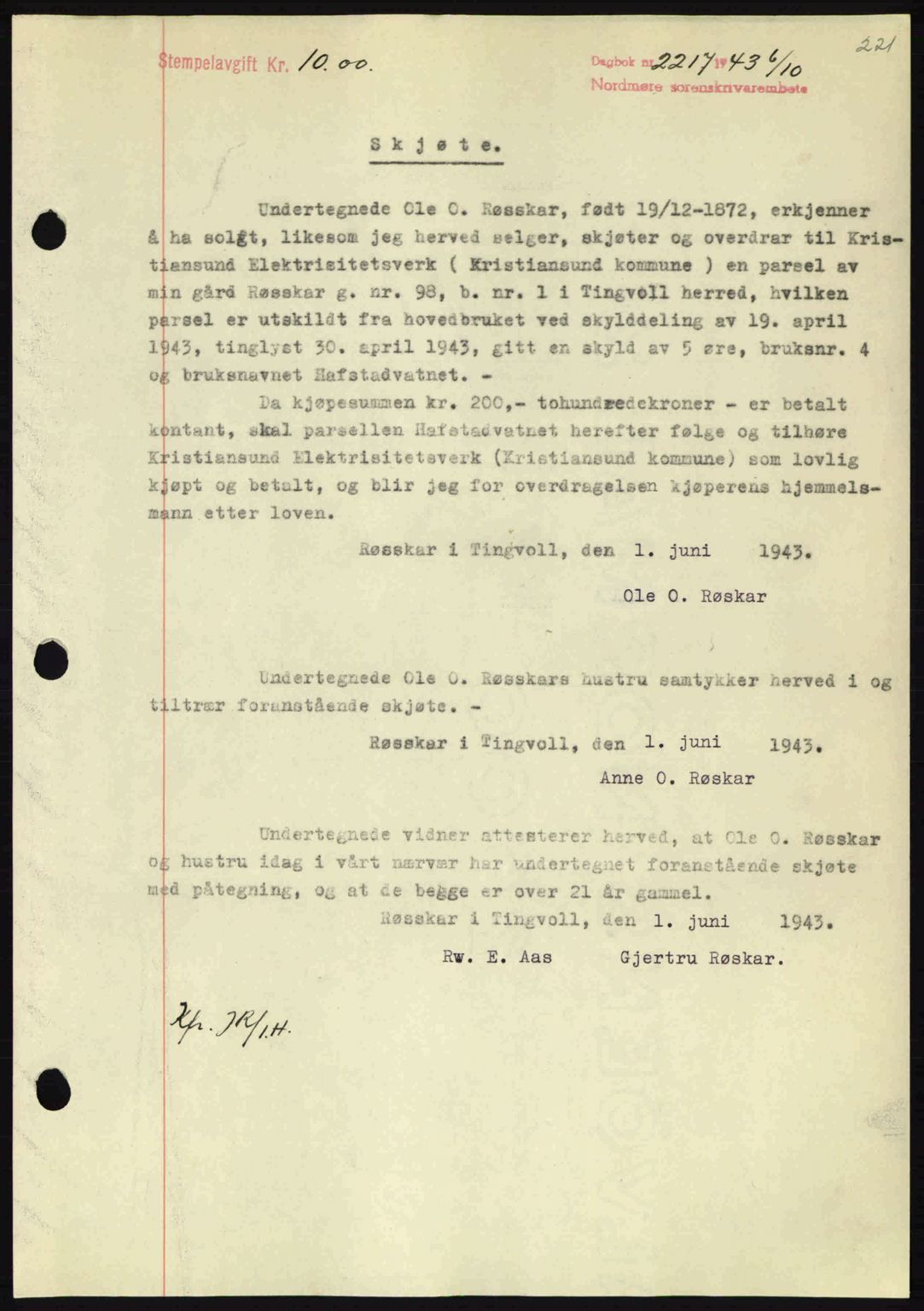 Nordmøre sorenskriveri, SAT/A-4132/1/2/2Ca: Mortgage book no. A96, 1943-1944, Diary no: : 2217/1943