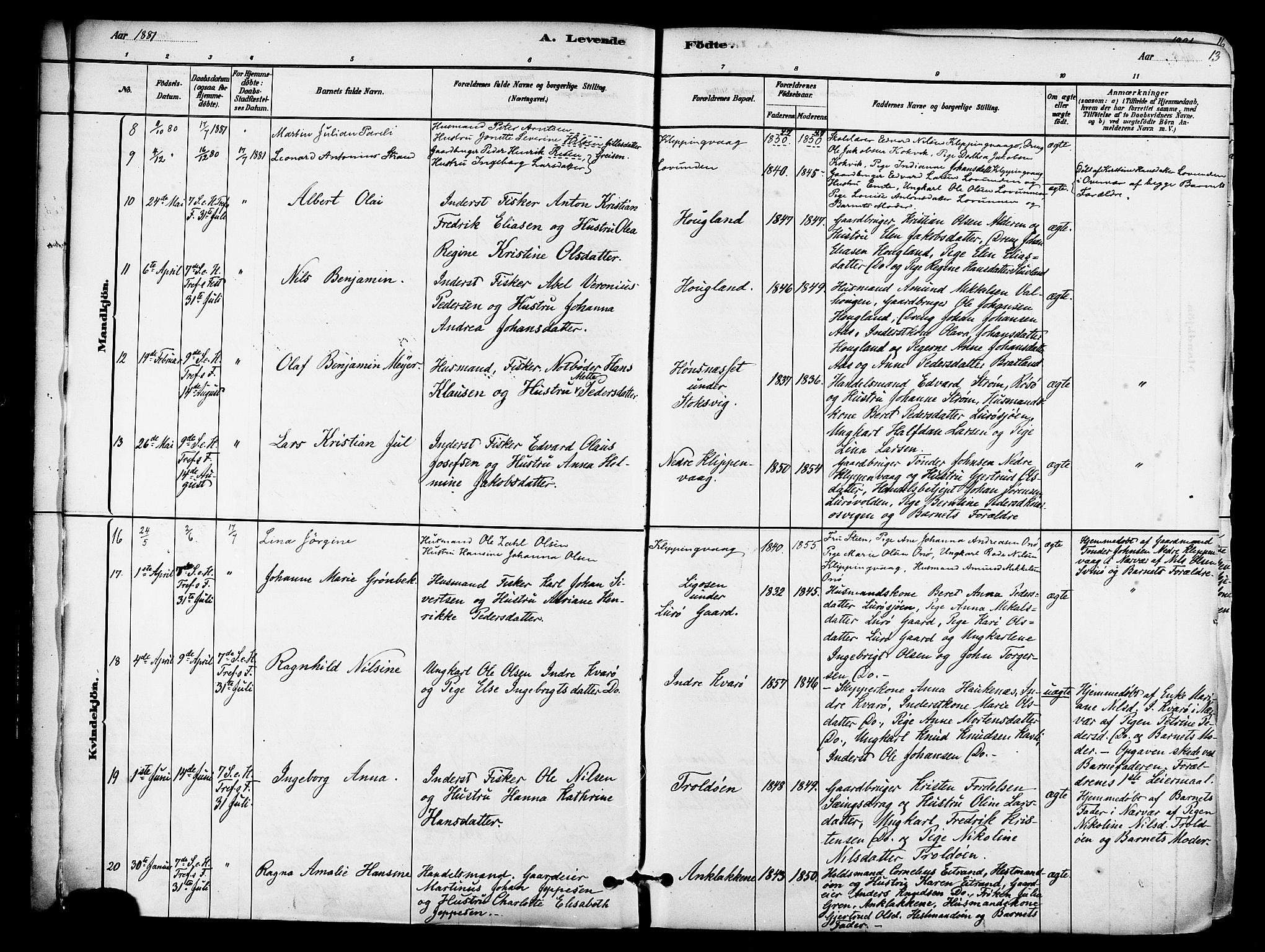 Ministerialprotokoller, klokkerbøker og fødselsregistre - Nordland, SAT/A-1459/839/L0568: Parish register (official) no. 839A05, 1880-1902, p. 13