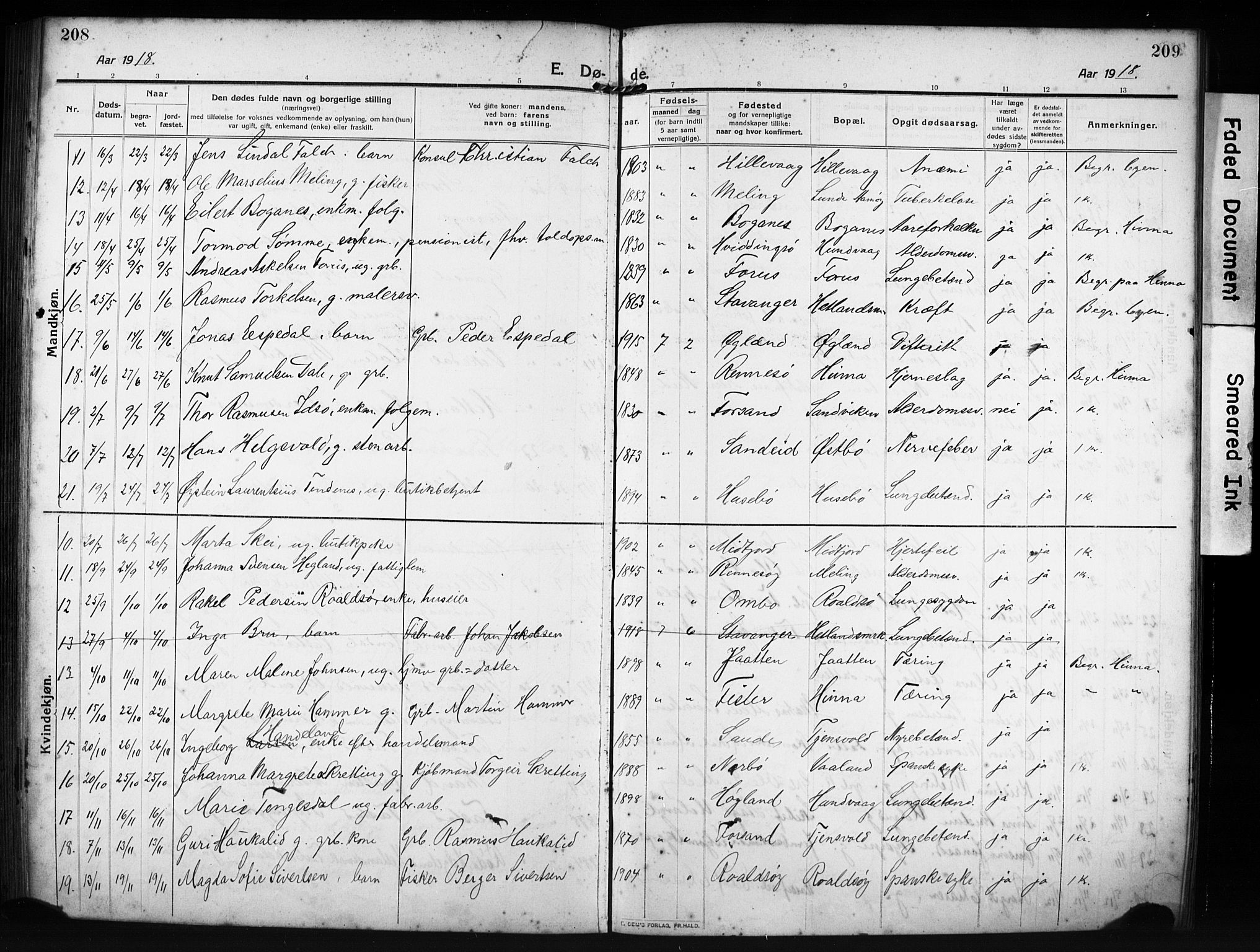 Hetland sokneprestkontor, SAST/A-101826/30/30BB/L0009: Parish register (copy) no. B 9, 1910-1931, p. 208-209
