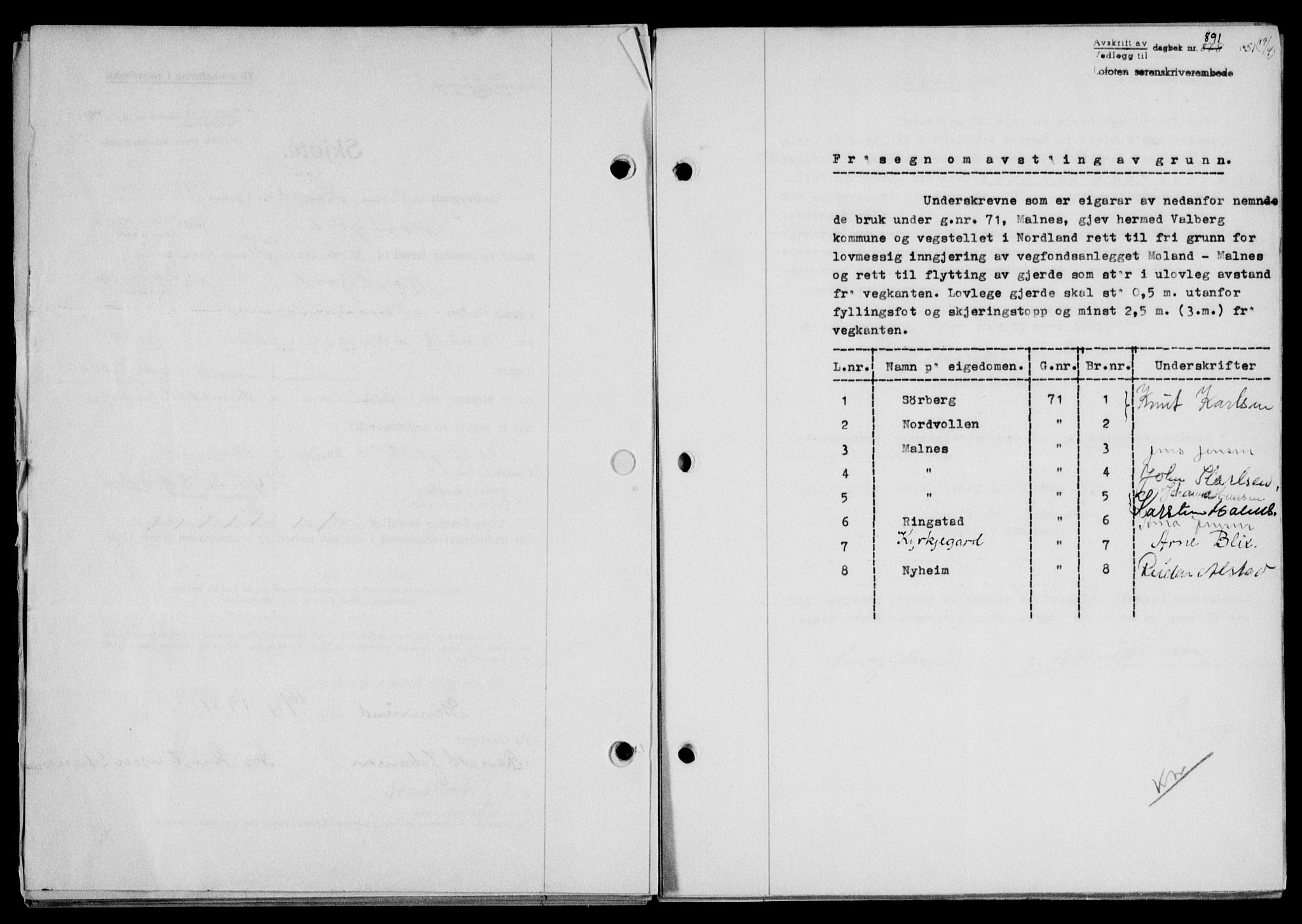 Lofoten sorenskriveri, SAT/A-0017/1/2/2C/L0025a: Mortgage book no. 25a, 1950-1951, Diary no: : 891/1951