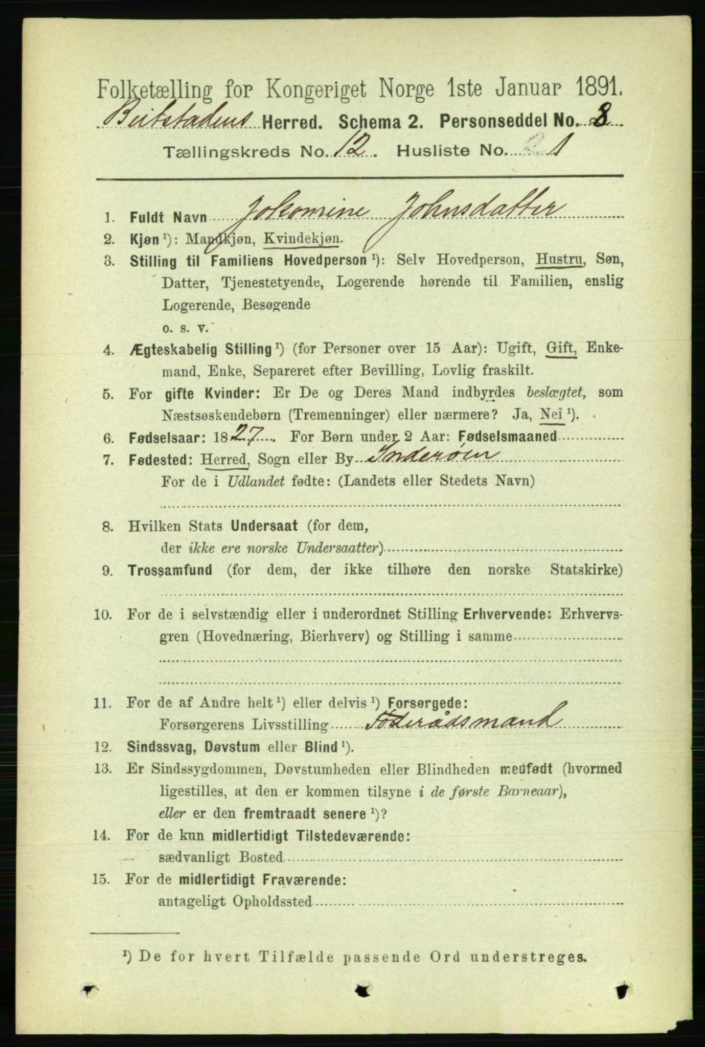 RA, 1891 census for 1727 Beitstad, 1891, p. 3373