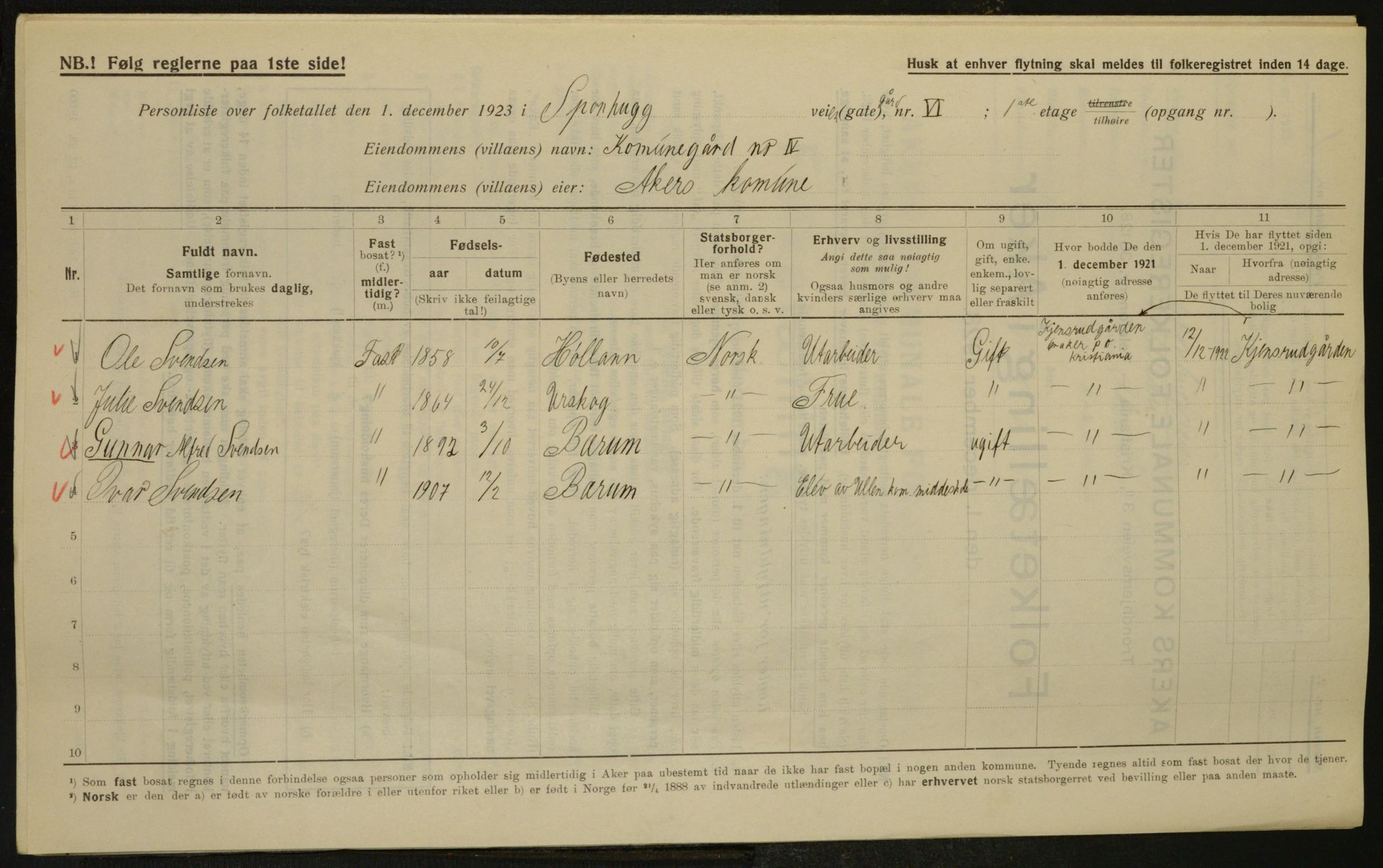 , Municipal Census 1923 for Aker, 1923, p. 5350