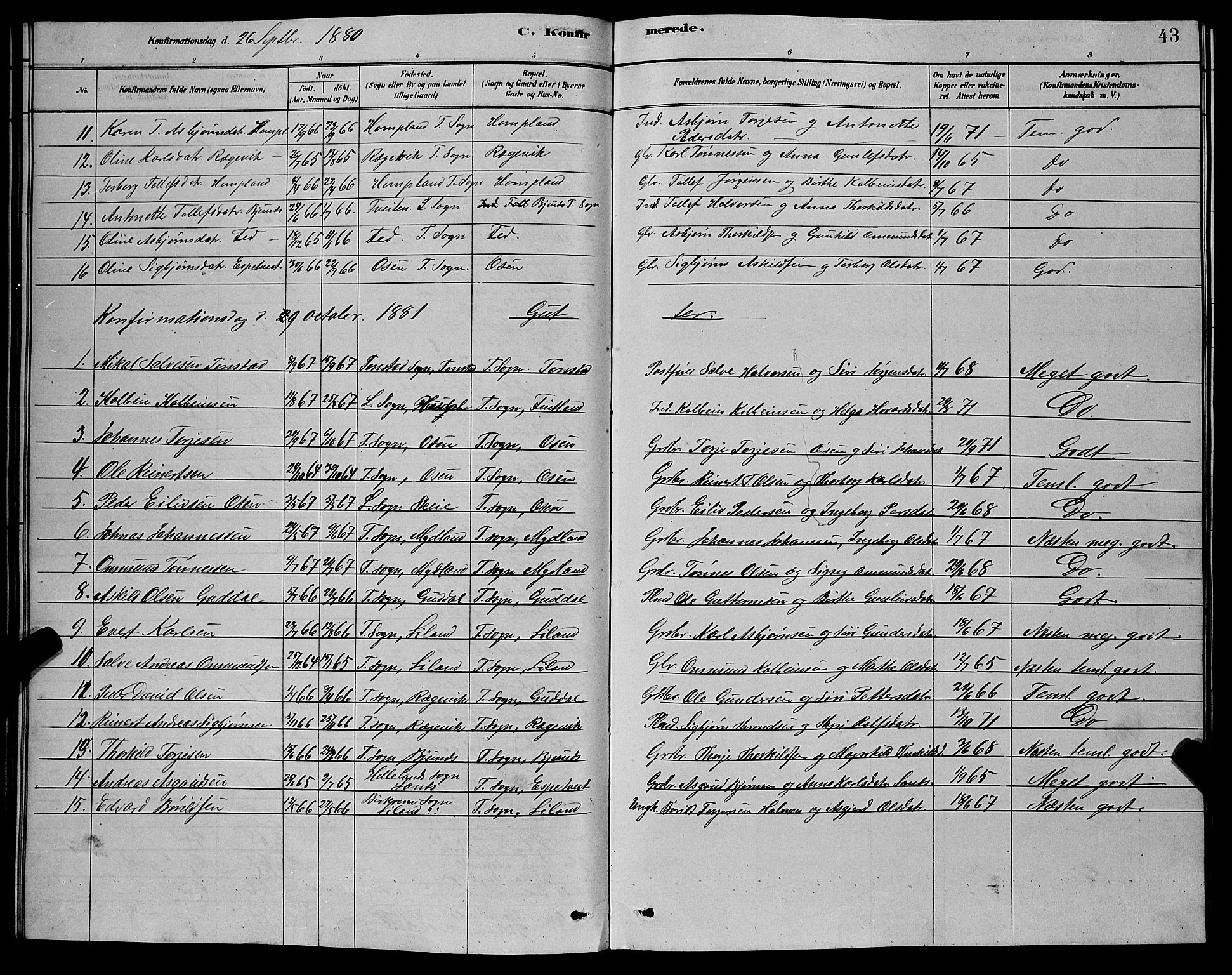 Sirdal sokneprestkontor, AV/SAK-1111-0036/F/Fb/Fbb/L0003: Parish register (copy) no. B 3, 1878-1894, p. 43