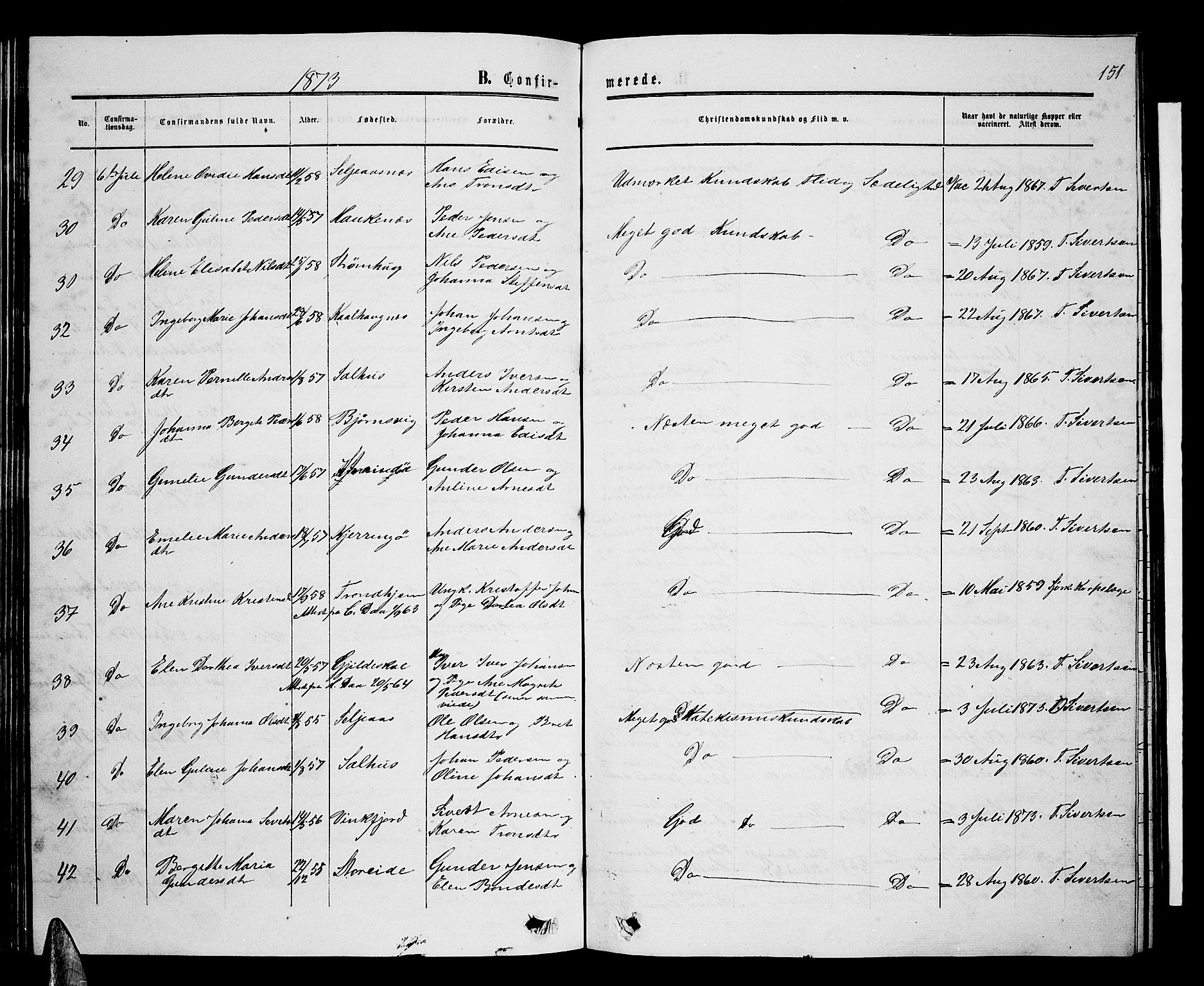 Ministerialprotokoller, klokkerbøker og fødselsregistre - Nordland, AV/SAT-A-1459/853/L0775: Parish register (copy) no. 853C03, 1859-1877, p. 151